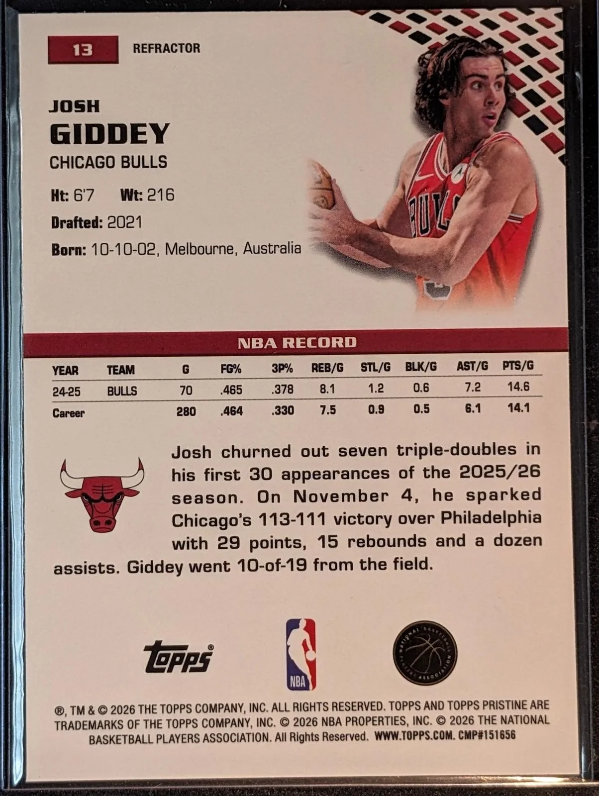 Back of 2025-26 Topps Pristine Basketball Josh Giddey Refractor #13