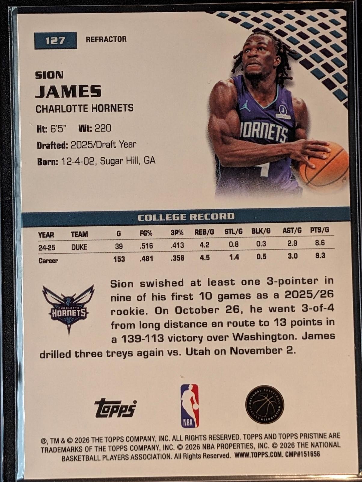 Back of 2025-26 Topps Pristine Basketball #127 Sion James Refractor