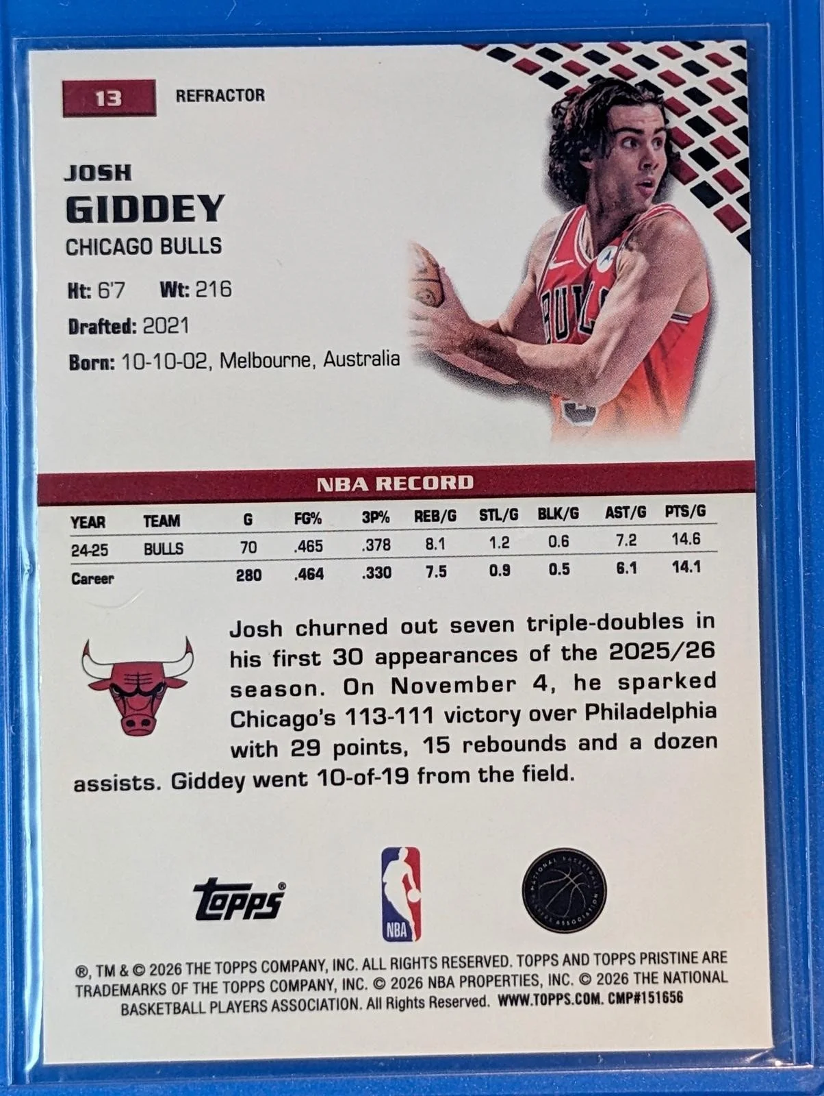 Back of 2025-26 Topps Pristine Basketball #13 Josh Giddey Refractor