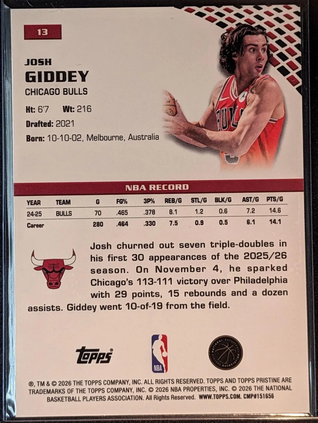 Back of 2025-26 Topps Pristine Basketball Josh Giddey #13