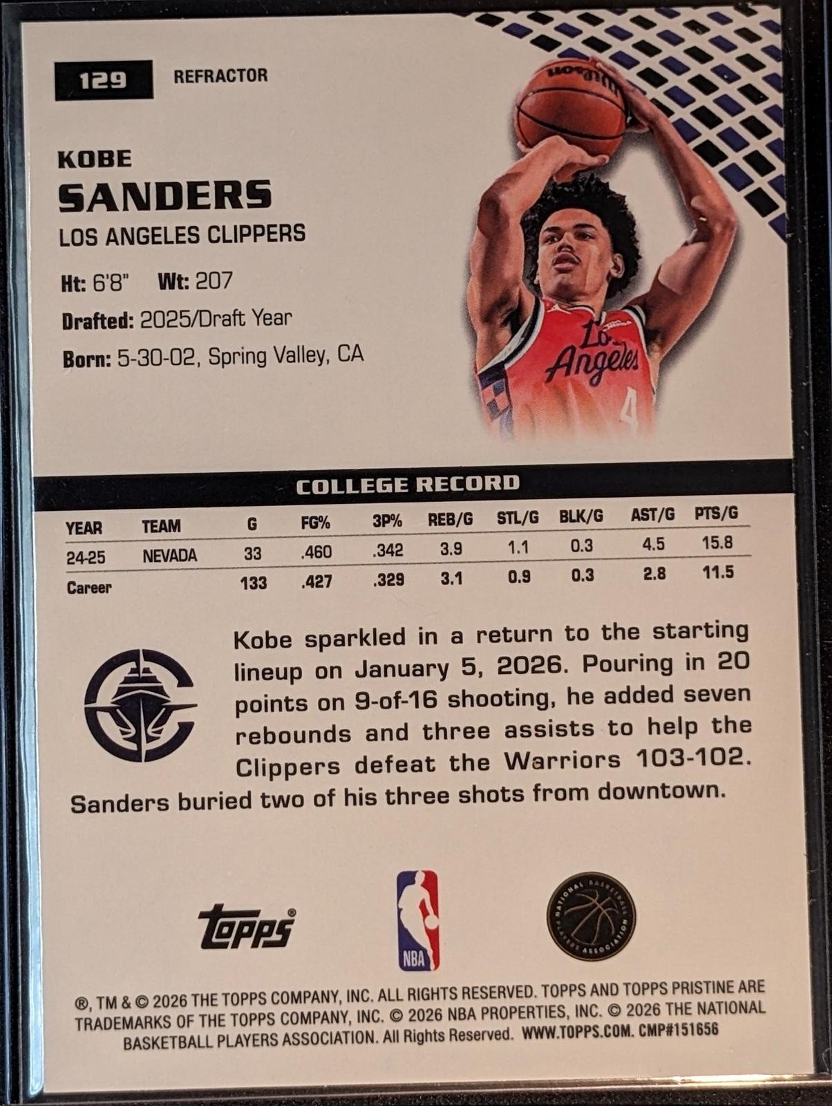 Back of 2025-26 Topps Pristine Basketball #129 Kobe Sanders Refractor