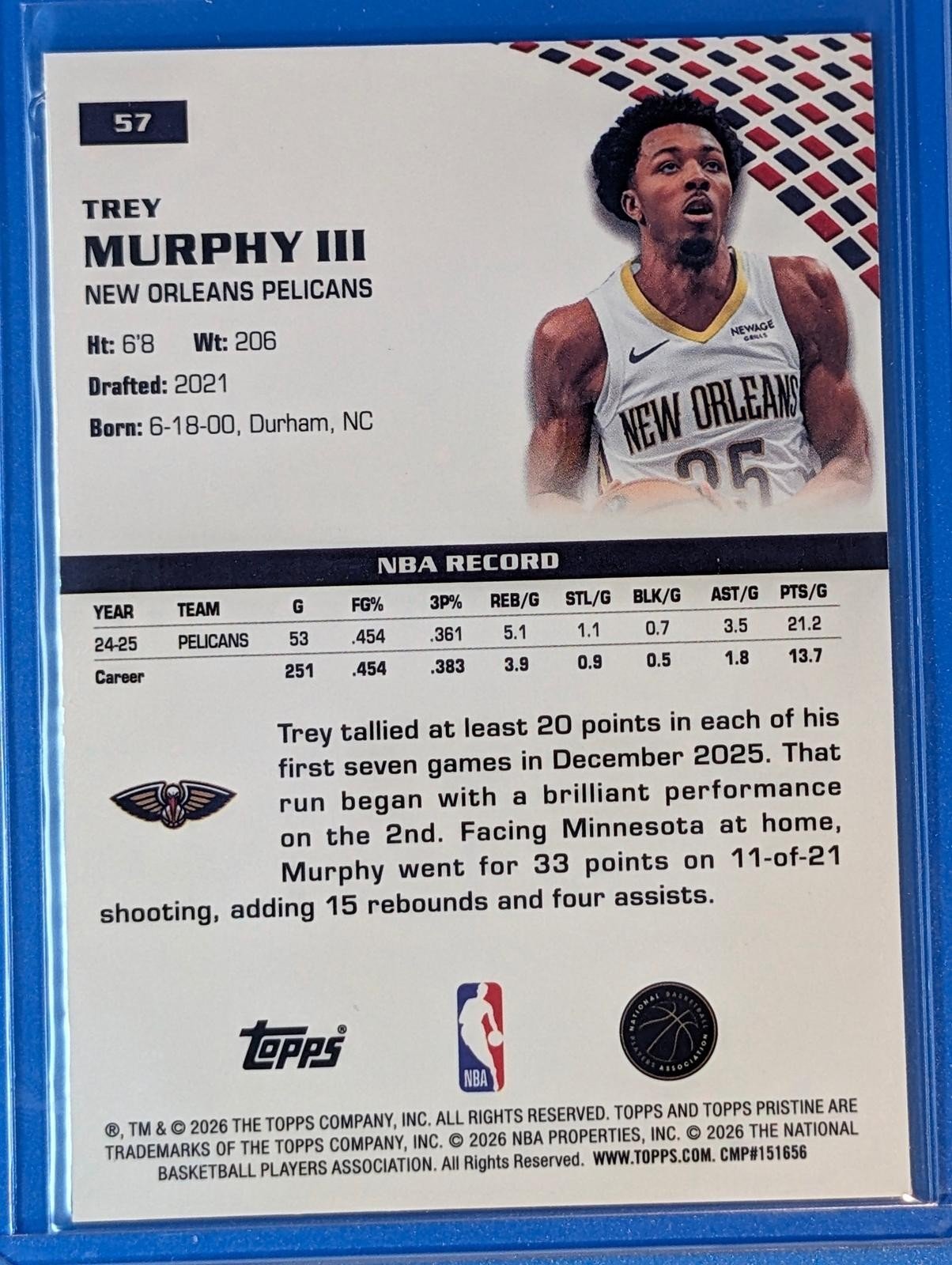 Back of 2025-26 Topps Pristine Basketball Trey Murphy III #57