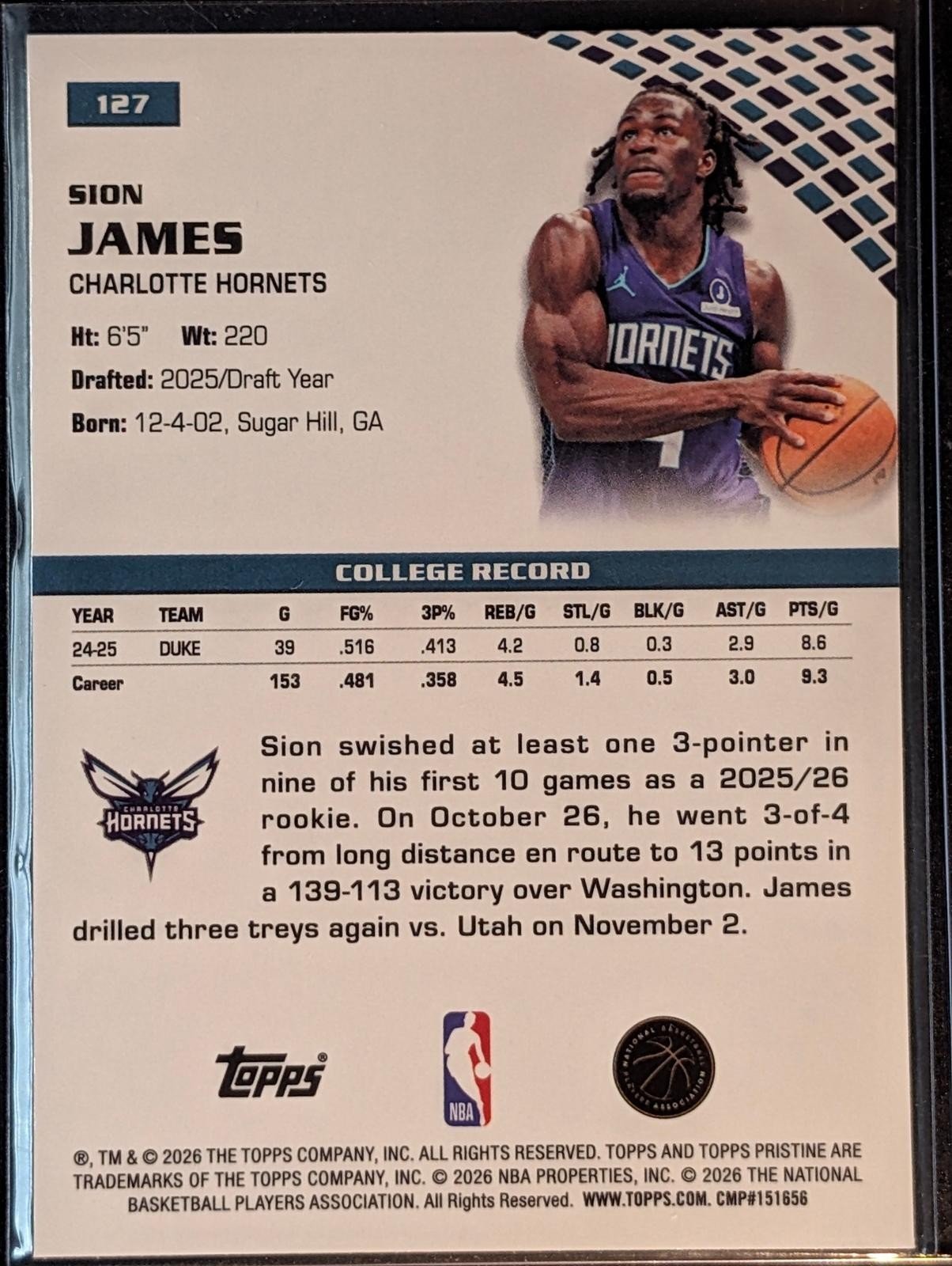 Back of 2025-26 Topps Pristine Basketball Sion James #127 RC