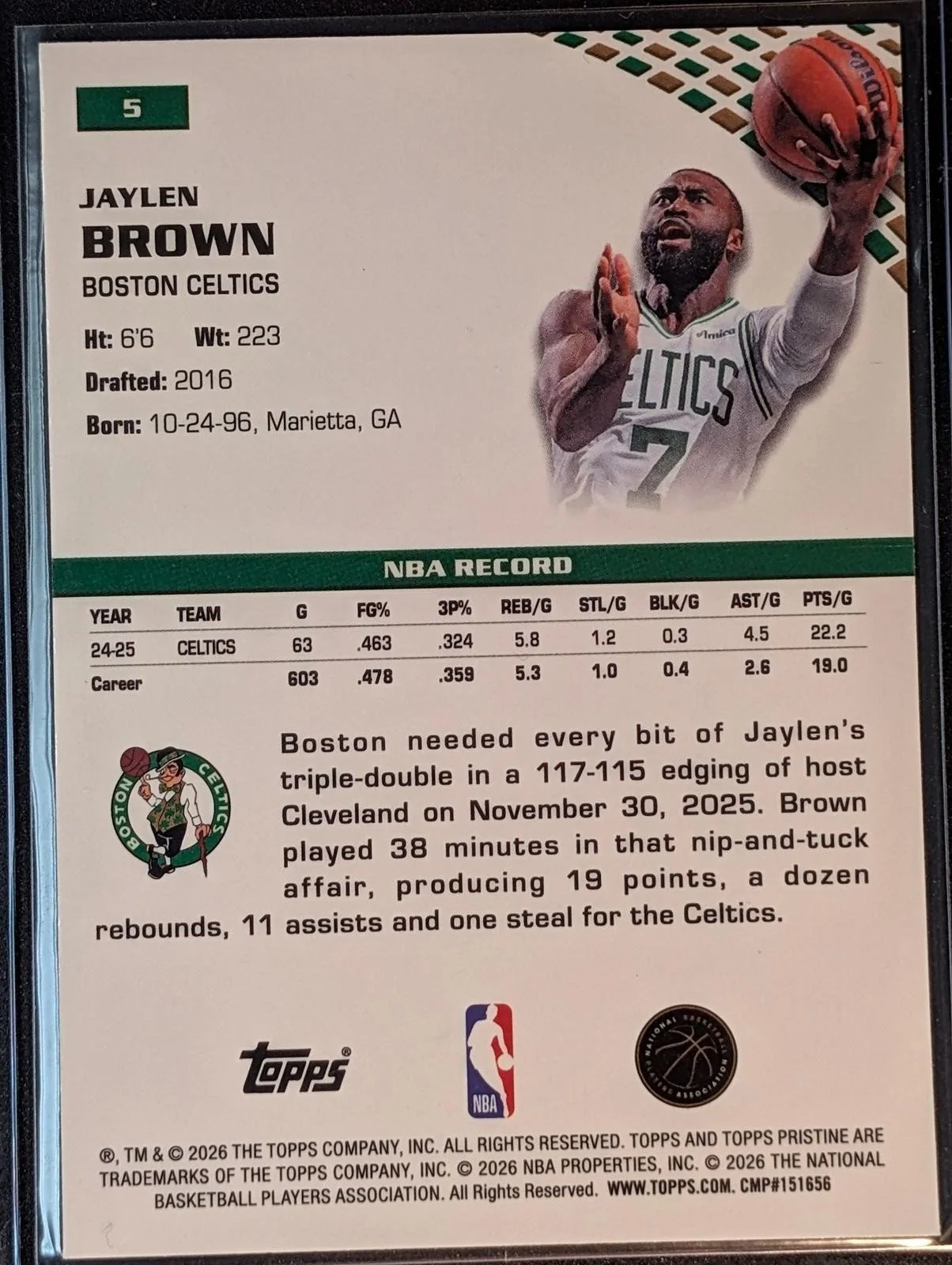 Back of 2025-26 Topps Pristine Basketball Jaylen Brown #5