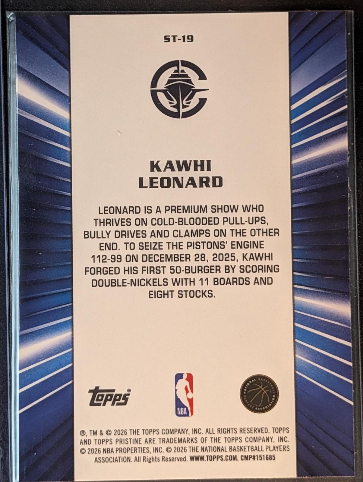 Back of 2025-26 Topps Pristine Basketball Kawhi Leonard Stacked #ST-19