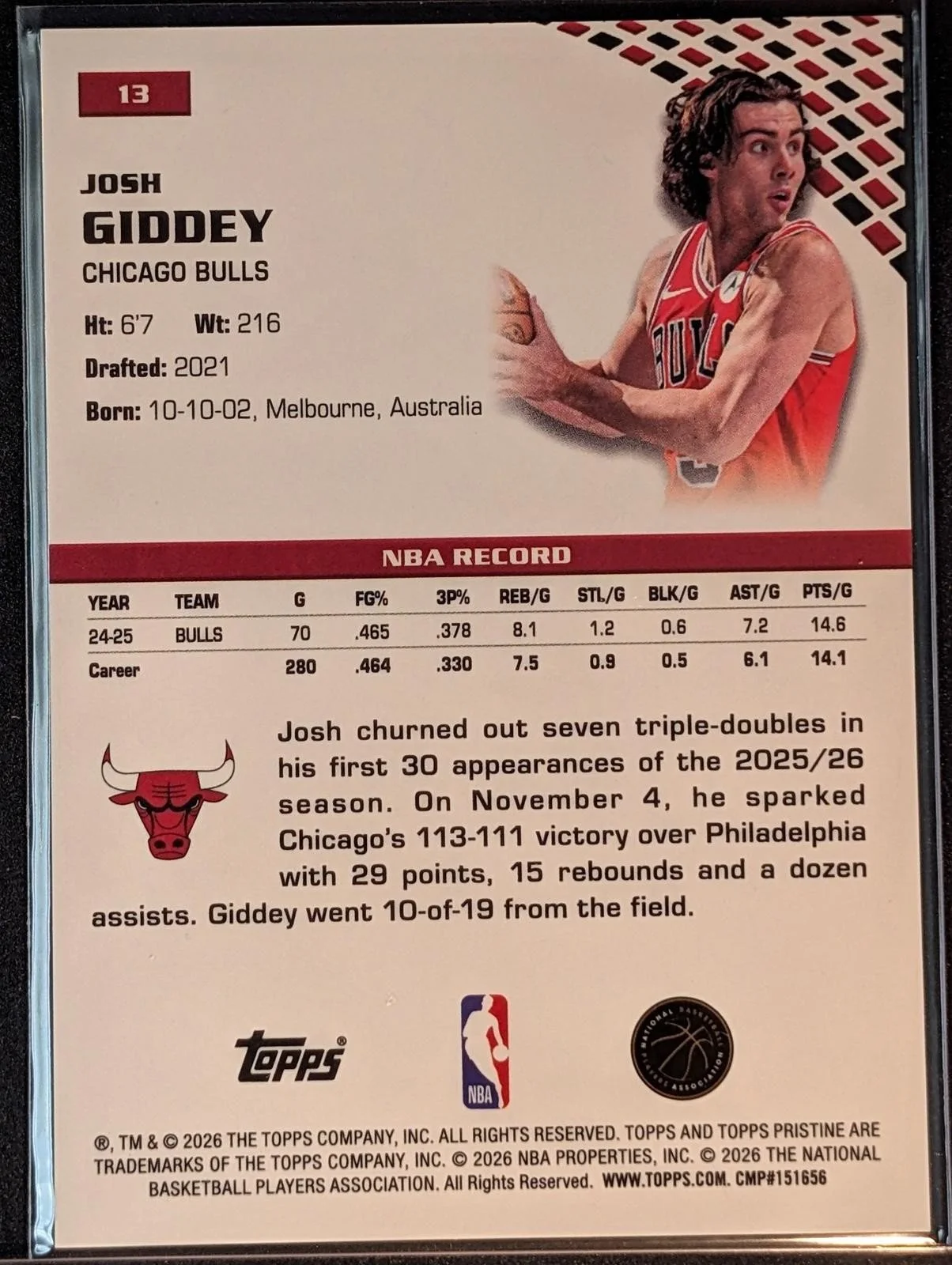 Back of 2025-26 Topps Pristine Basketball /199 Josh Giddey Aqua #13
