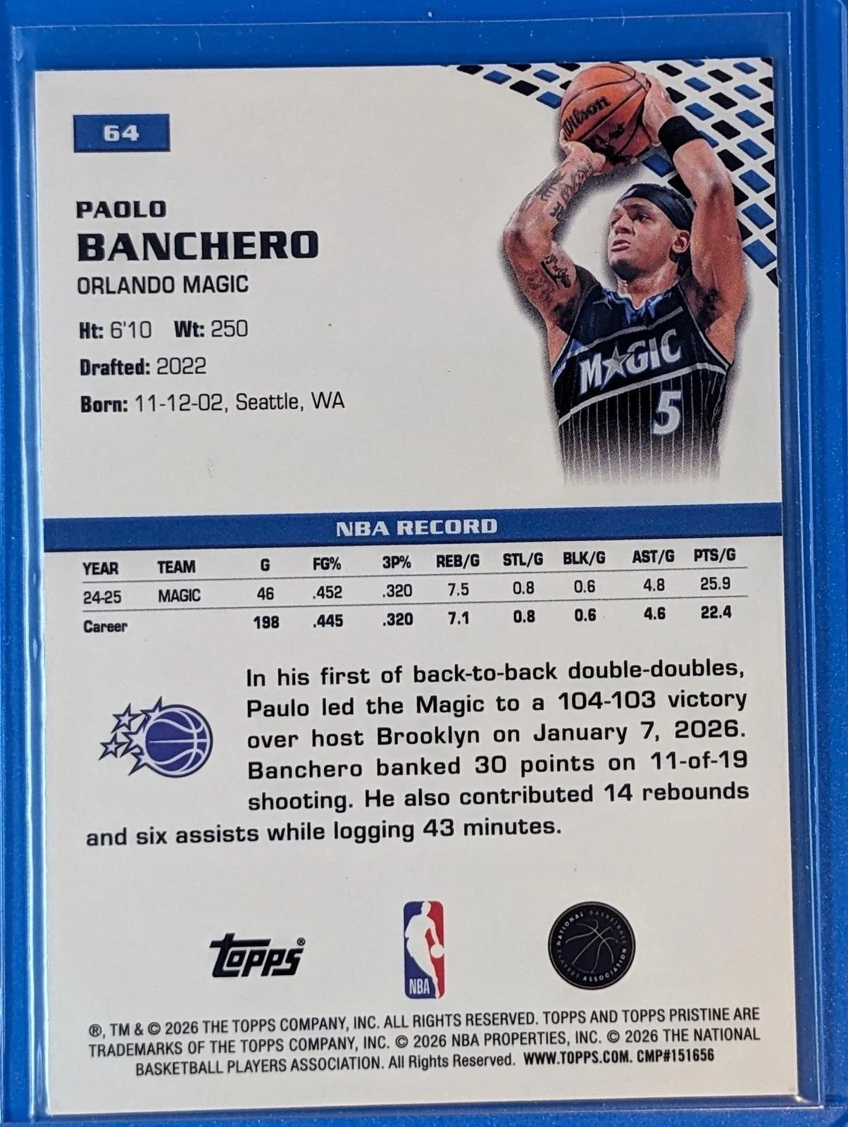 Back of 2025-26 Topps Pristine Basketball Paolo Banchero #64