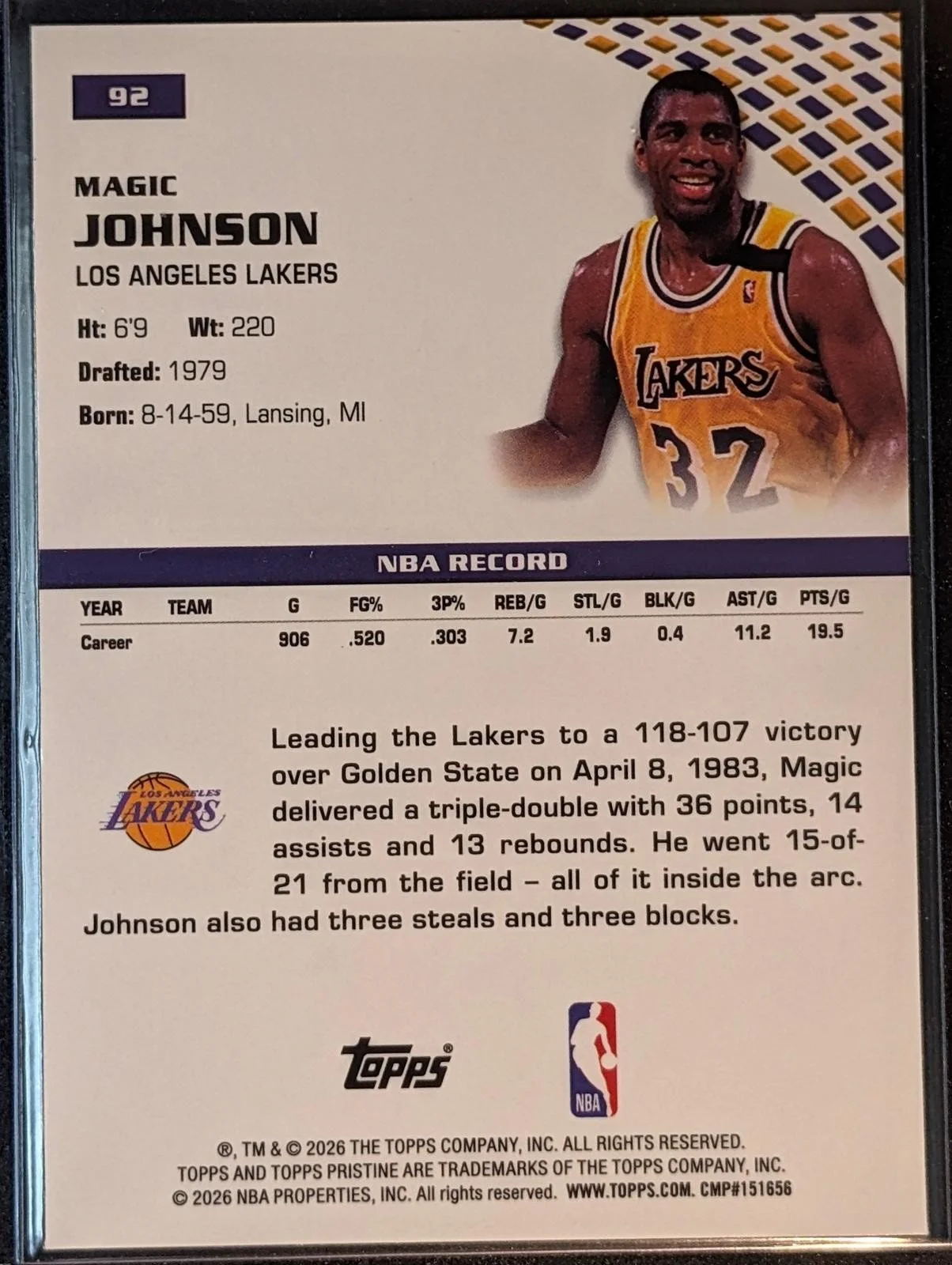 Back of 2025-26 Topps Pristine Basketball Magic Johnson #92
