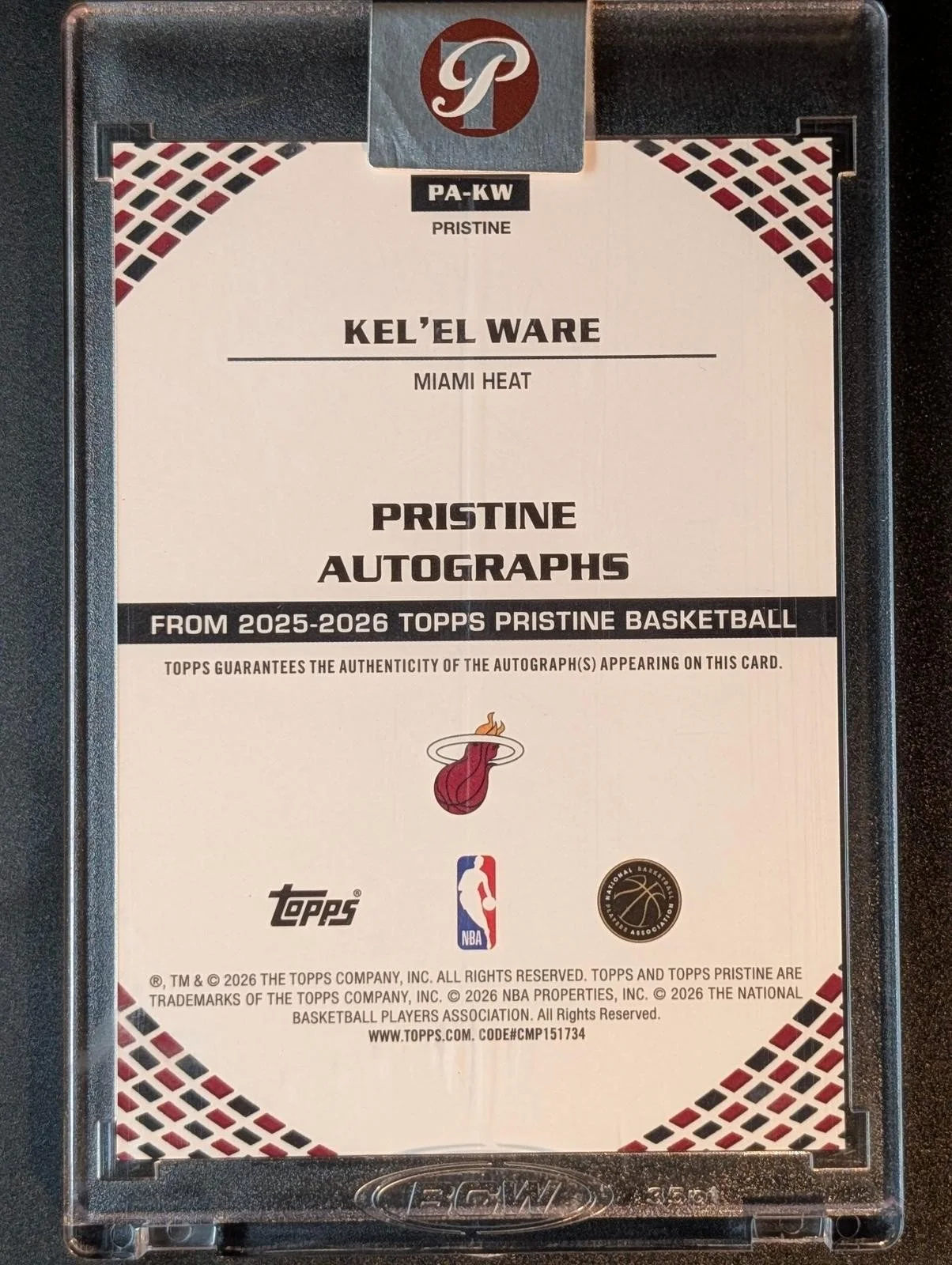 Back of 2025-26 Topps Pristine Basketball /150 Kel'el Ware Pristine Autographs #PA-KW