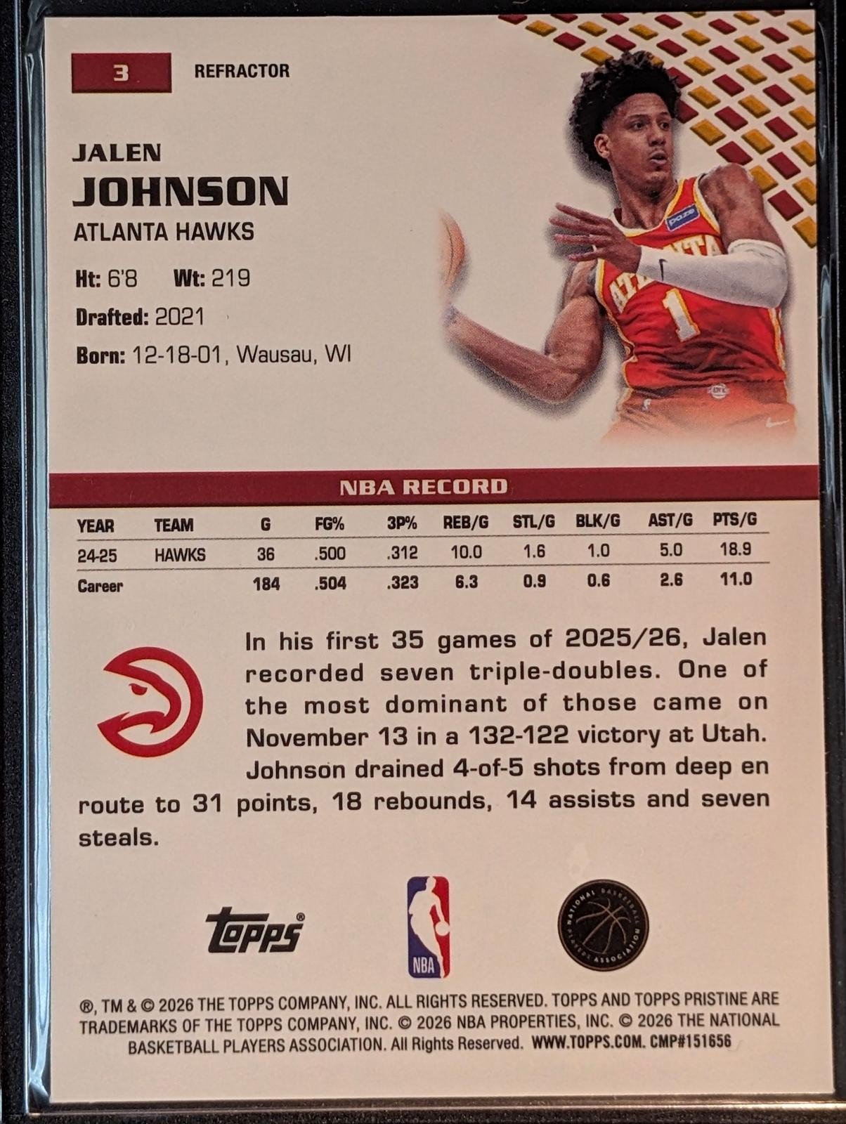Back of 2025-26 Topps Pristine Basketball #3 Jalen Johnson Refractor