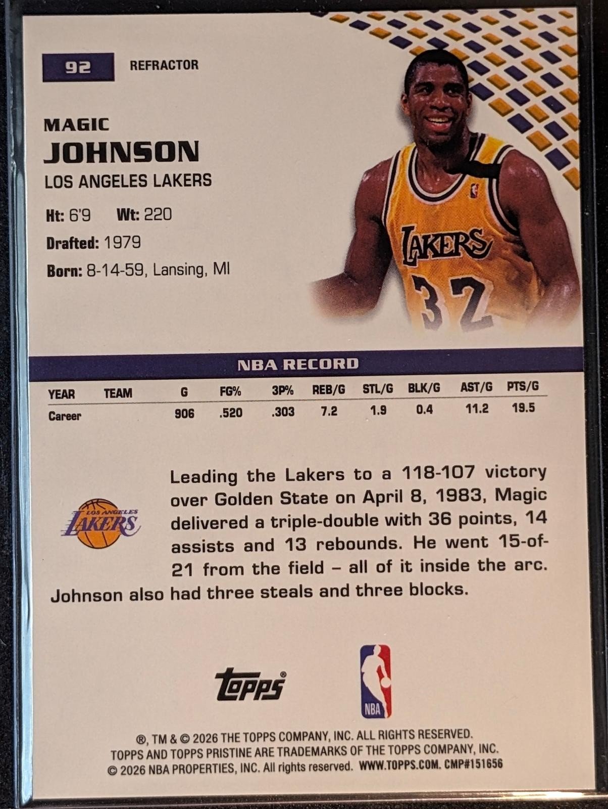Back of 2025-26 Topps Pristine Basketball Magic Johnson Refractor #92