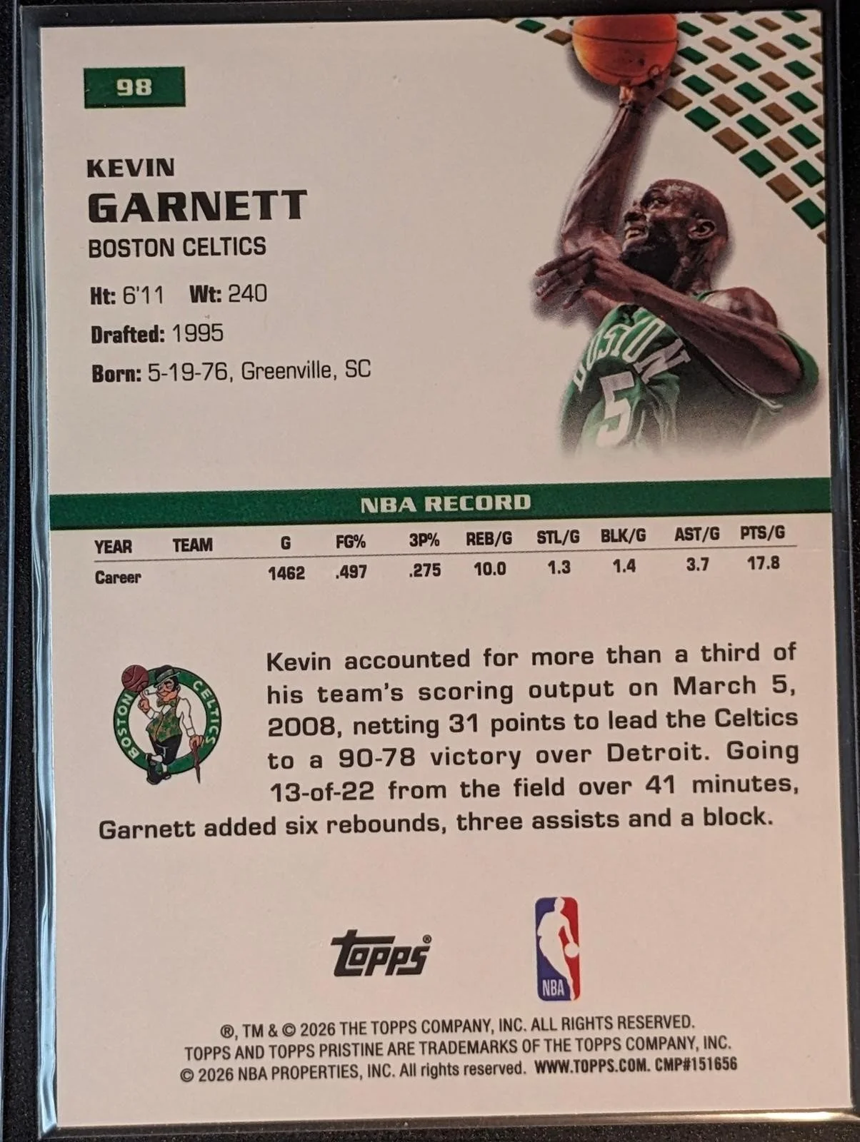 Back of 2025-26 Topps Pristine Basketball Kevin Garnett #98