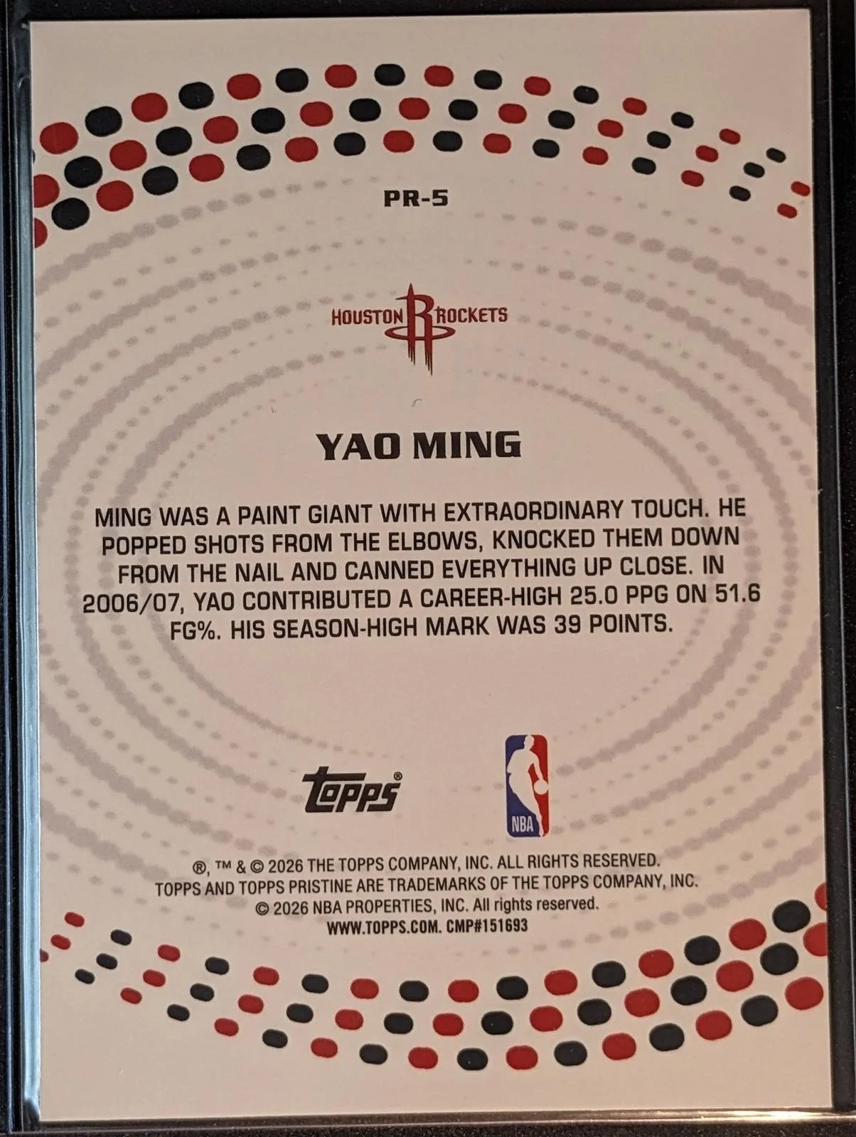 Back of 2025-26 Topps Pristine Basketball Yao Ming Precisionaries #PR-5