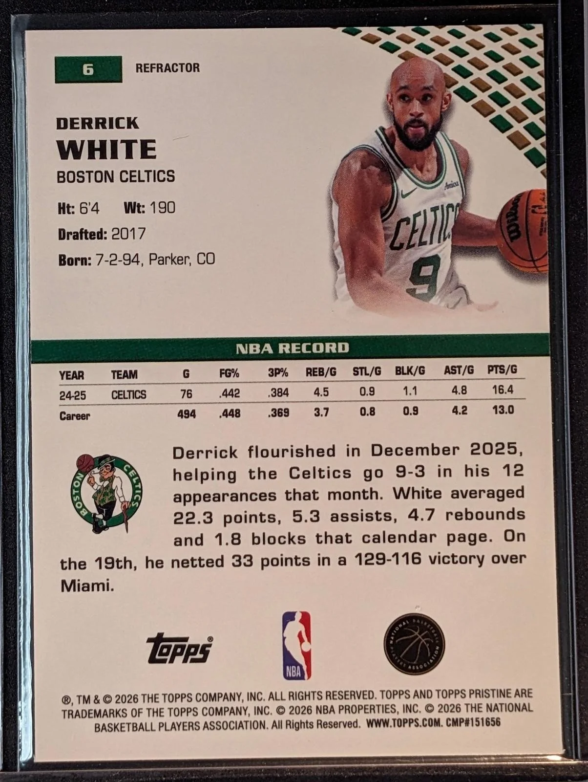 Back of 2025-26 Topps Pristine Basketball #6 Derrick White Refractor