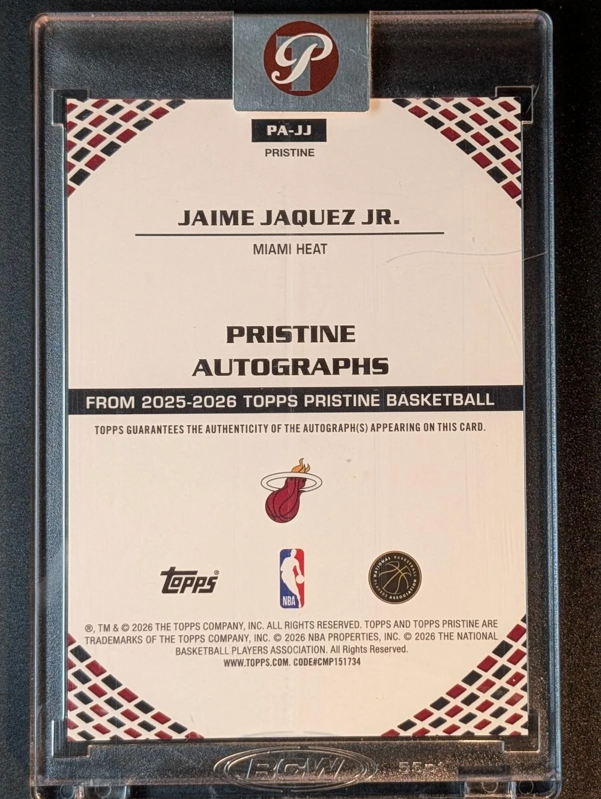 Back of 2025-26 Topps Pristine Basketball Jaime Jaquez Jr. Pristine Autographs #PA-JJ