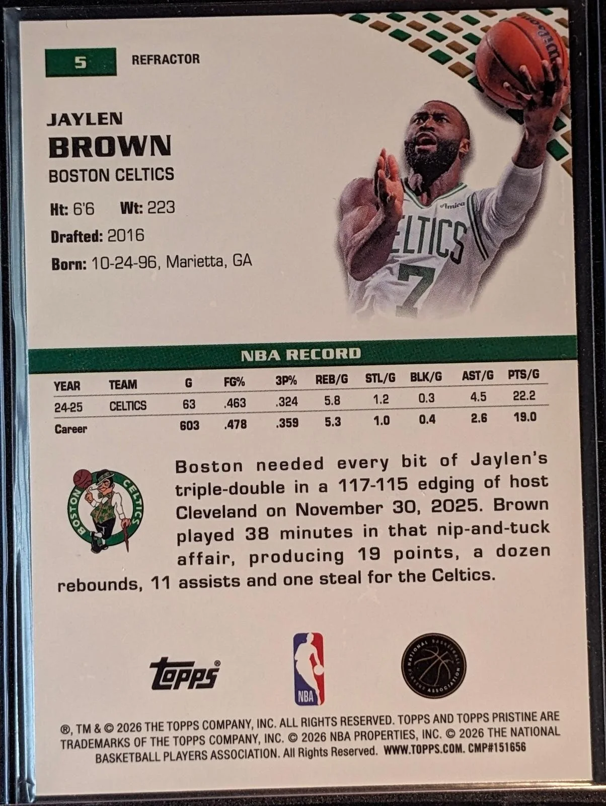 Back of 2025-26 Topps Pristine Basketball #5 Jaylen Brown Refractor