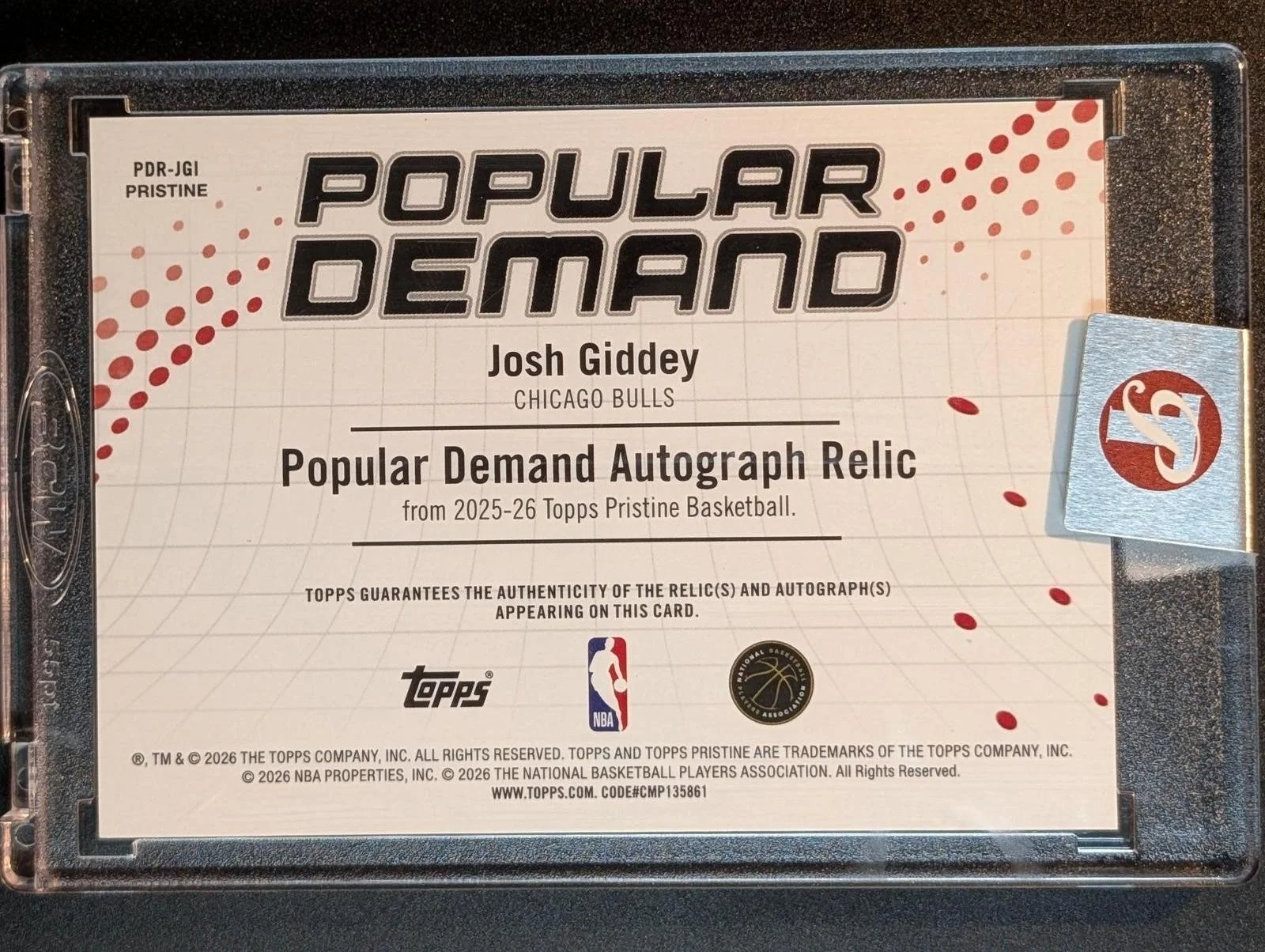 Back of 2025-26 Topps Pristine Basketball /99 Josh Giddey Popular Demand #PDR-JGI