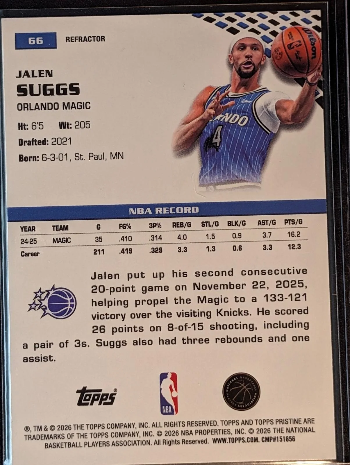 Back of 2025-26 Topps Pristine Basketball Jalen Suggs Refractor #66
