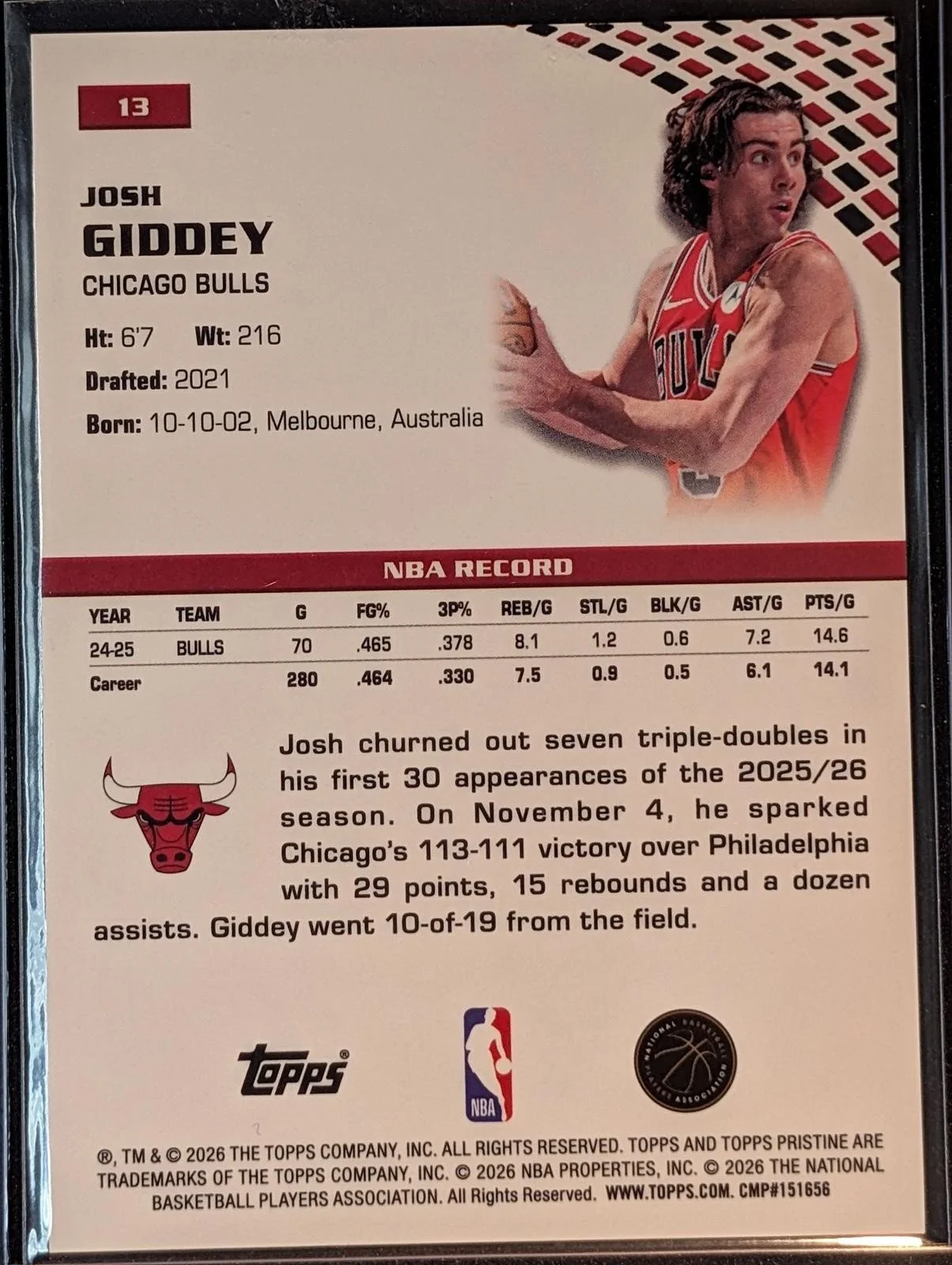 Back of 2025-26 Topps Pristine Basketball #13 Josh Giddey Gold Refractor /50