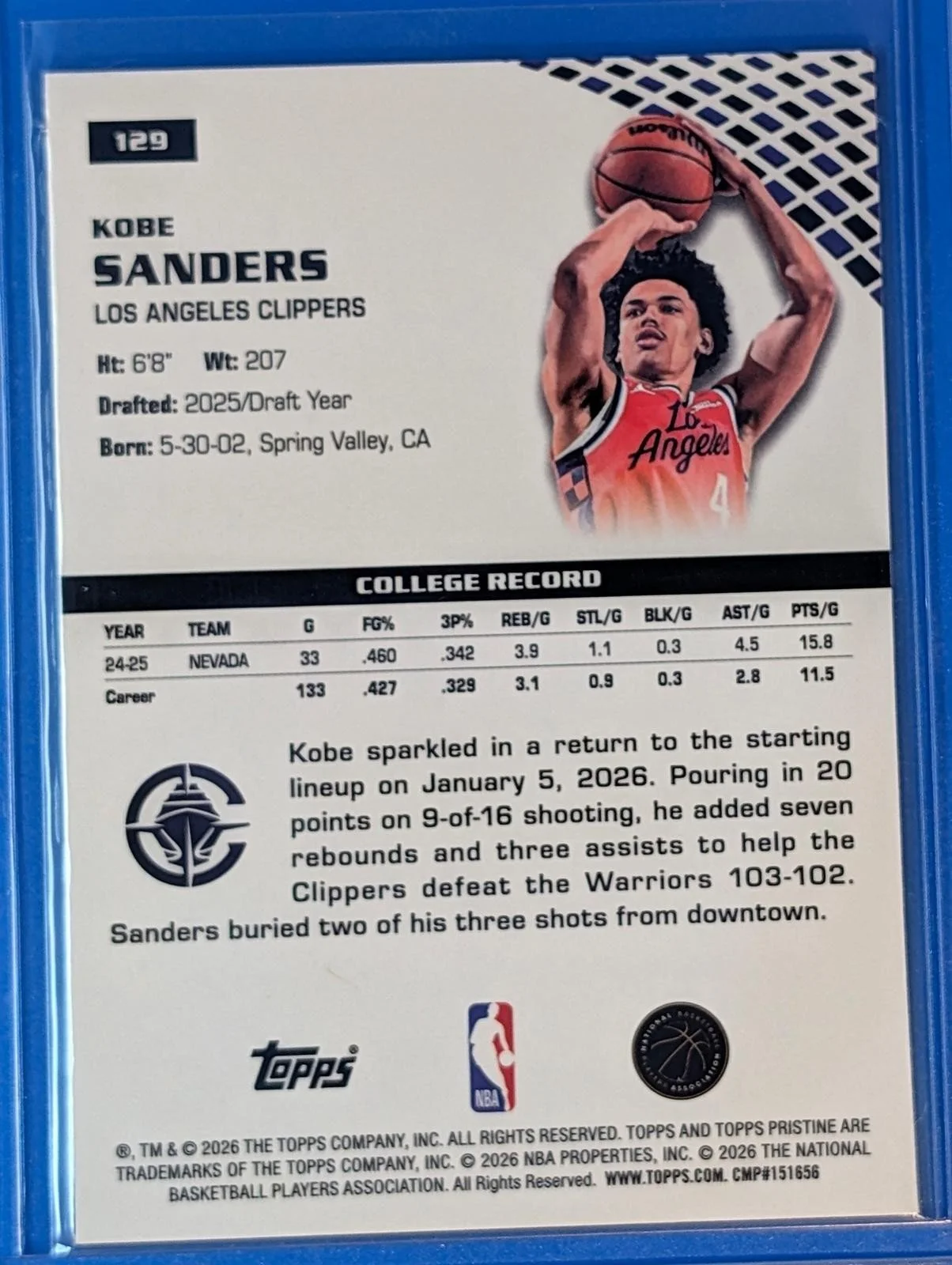 Back of 2025-26 Topps Pristine Basketball Kobe Sanders #129 RC