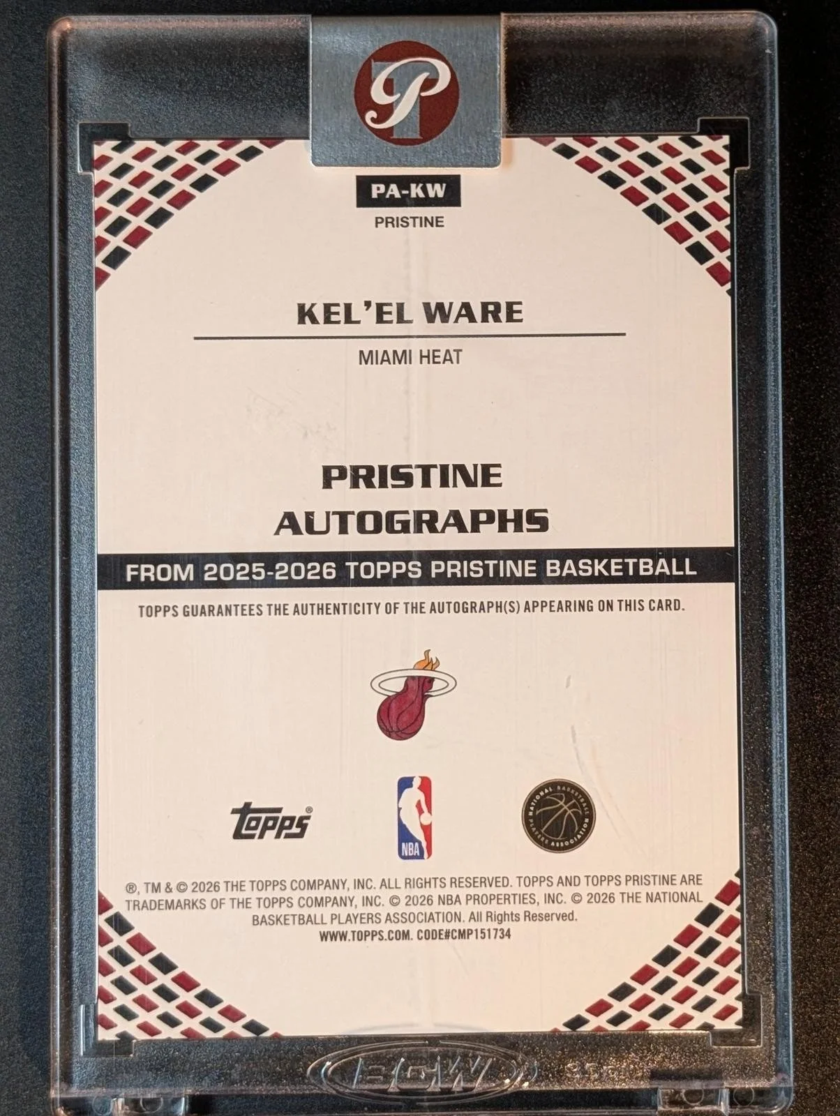 Back of 2025-26 Topps Pristine Basketball /199 Kel'el Ware Pristine Autographs #PA-KW
