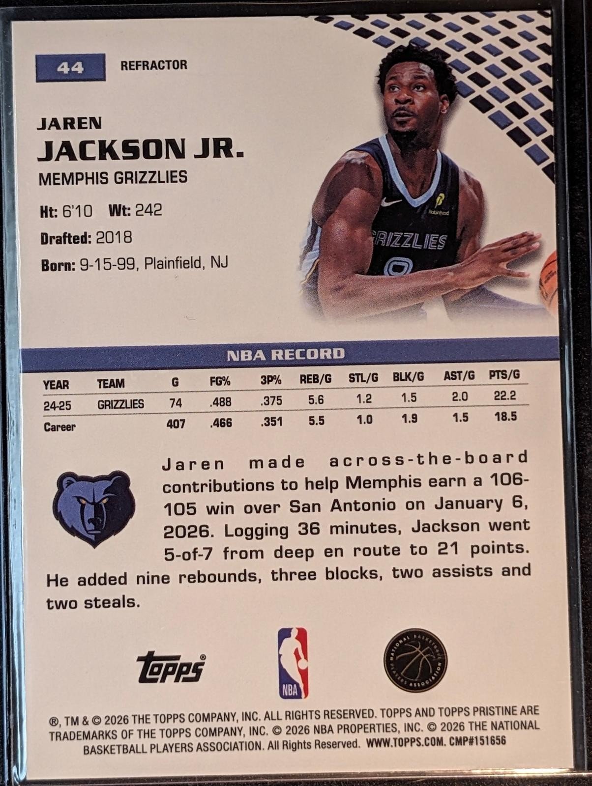 Back of 2025-26 Topps Pristine Basketball #44 Jaren Jackson Jr. Refractor