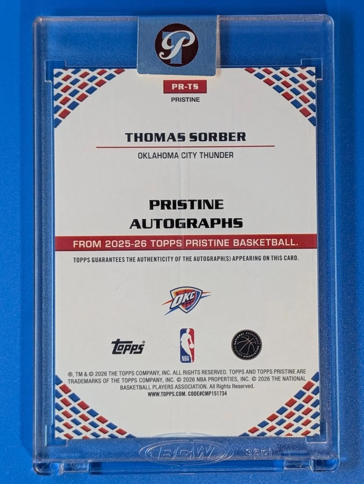 Back of 2025-26 Topps Pristine Basketball /150 Thomas Sorber Pristine Autographs RC