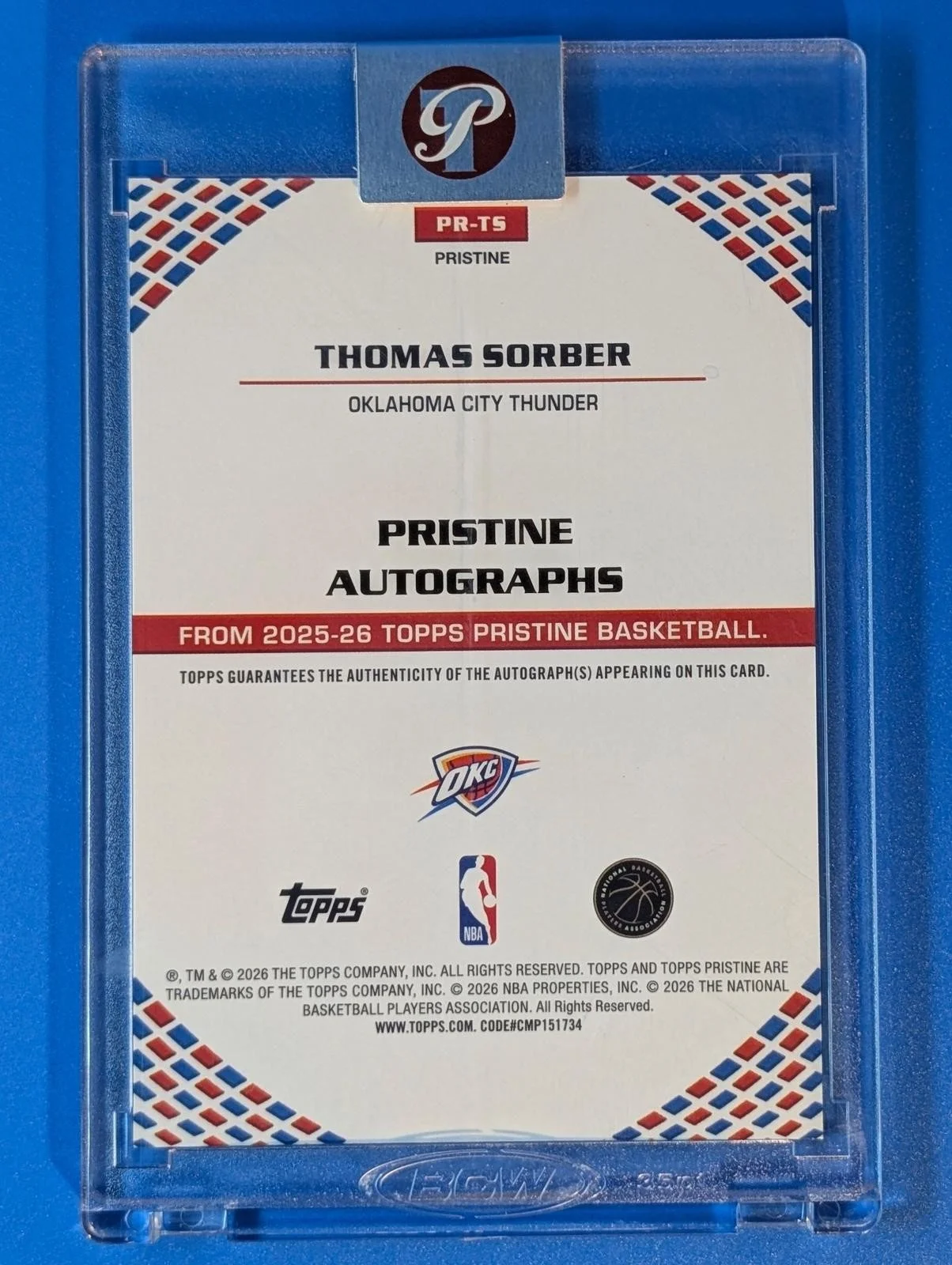 Back of 2025-26 Topps Pristine Basketball /199 Thomas Sorber Pristine Autographs RC