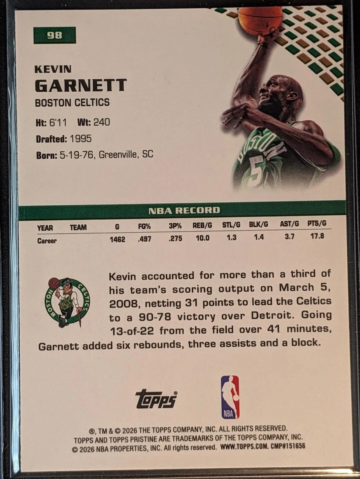 Back of 2025-26 Topps Pristine Basketball #98 Kevin Garnett Lavender Refractor /125