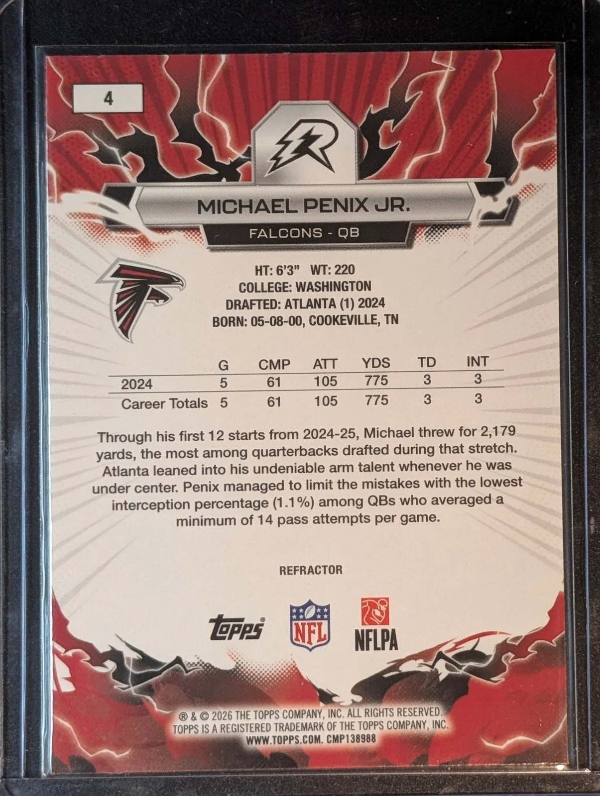 Back of 2025 Topps Resurgence #4 Michael Penix Jr. Refractor