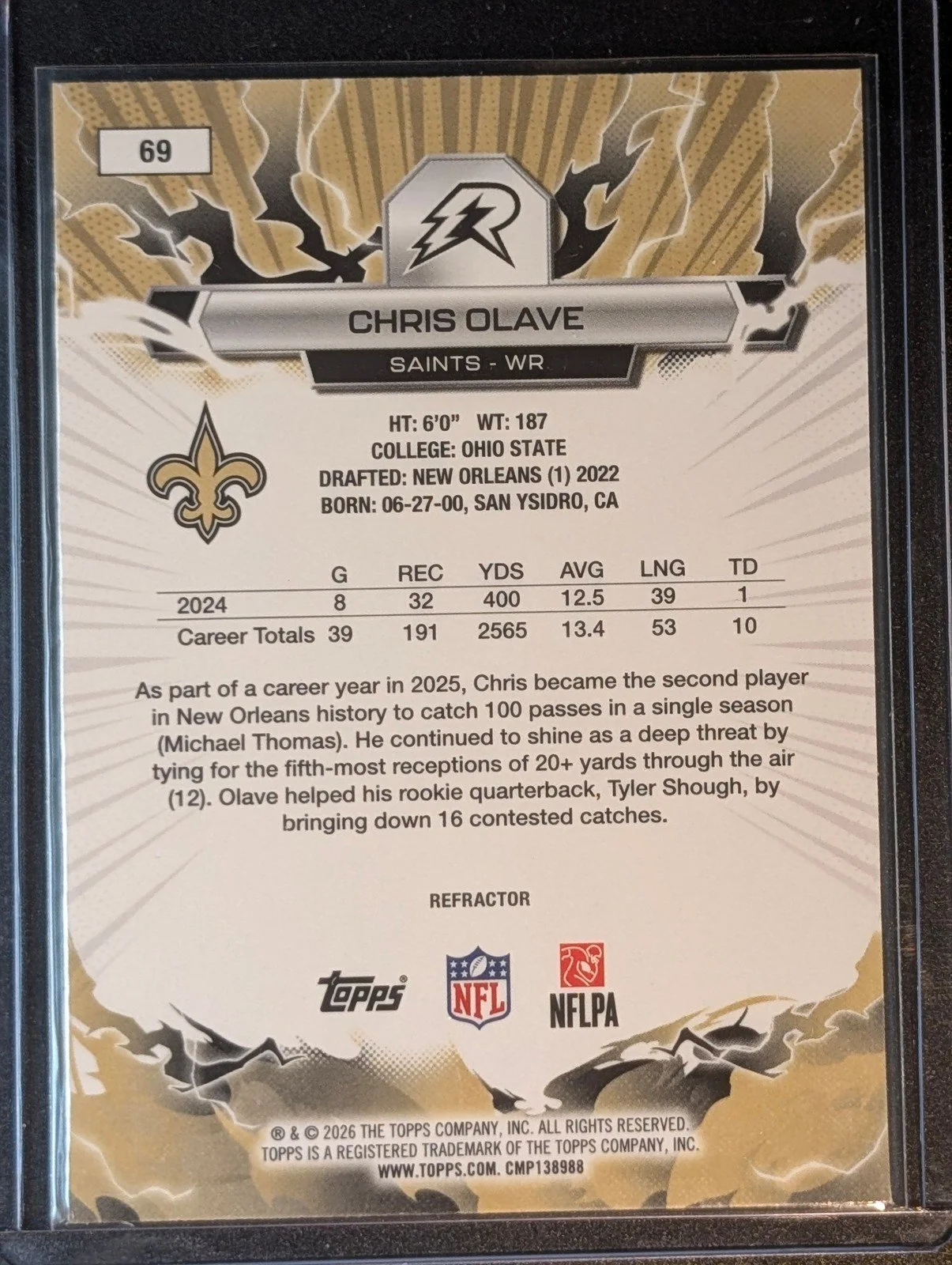 Back of 2025 Topps Resurgence #69 Chris Olave Refractor