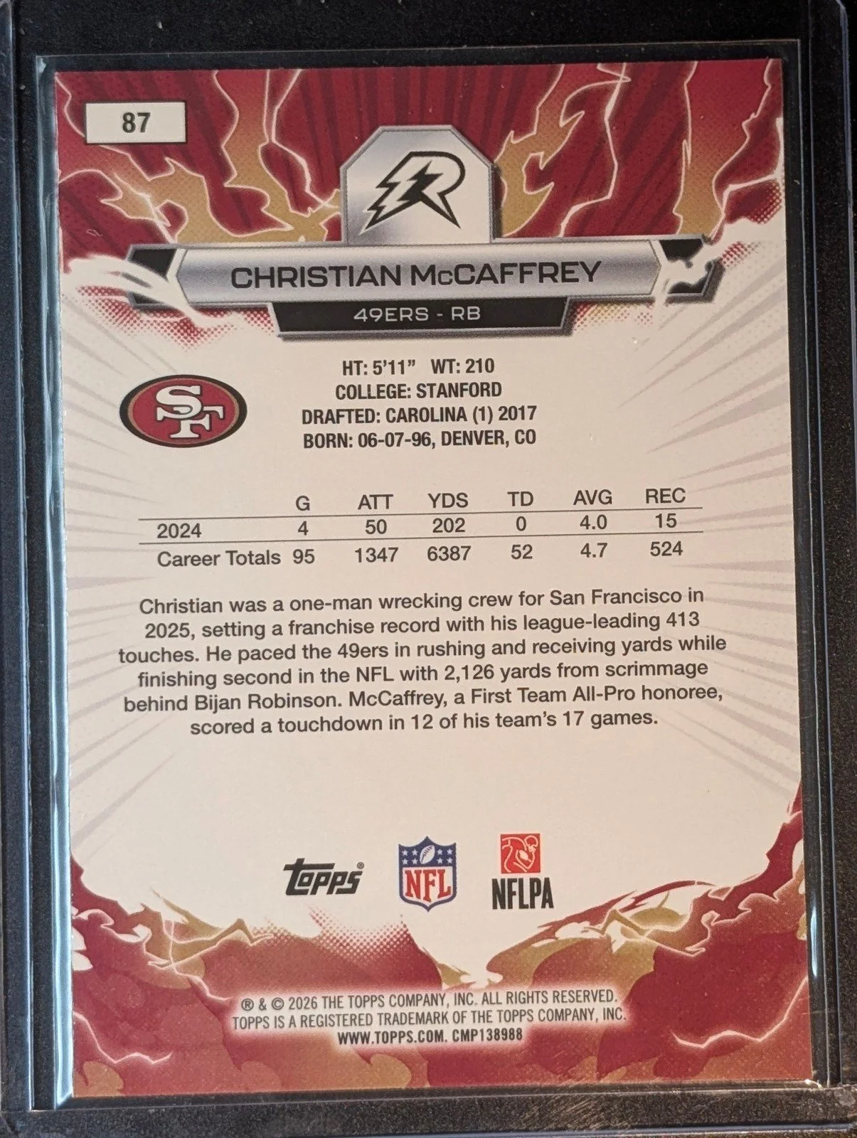 Back of 2025 Topps Resurgence #87 Christian McCaffrey Blue & Orange Spark Refractor