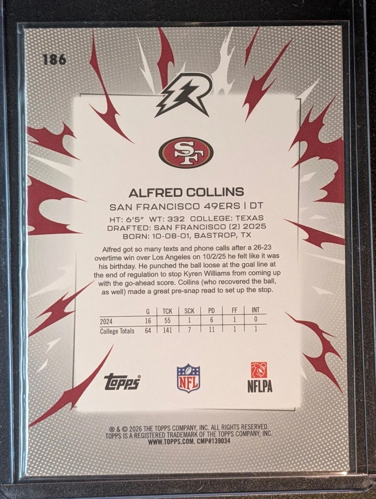 Back of 2025 Topps Resurgence #186 Alfred Collins Blue & Orange Spark Refractor
