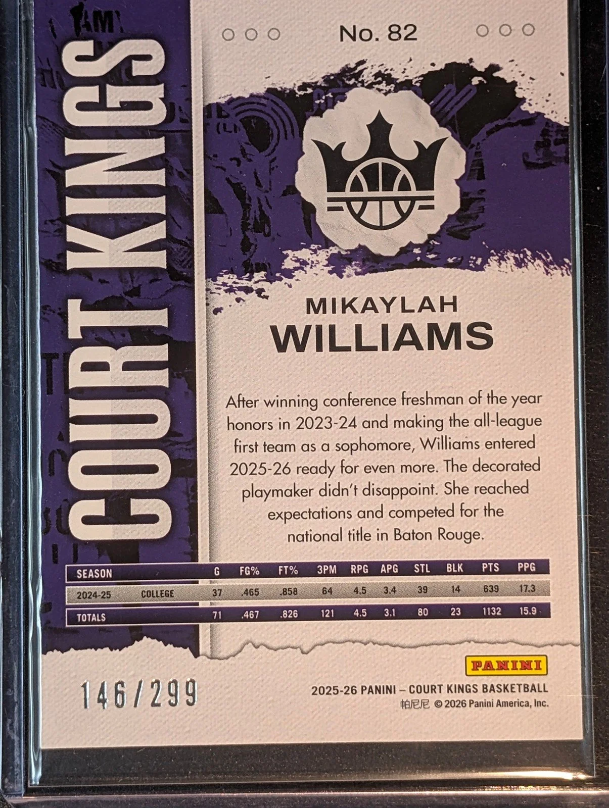 Back of 2025-26 Panini Court Kings #82 Mikaylah Williams  /299