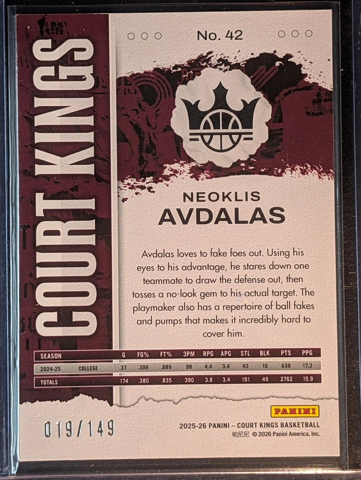 Back of 2025-26 Panini Court Kings /149 #42 Neoklis Avdalas Ruby