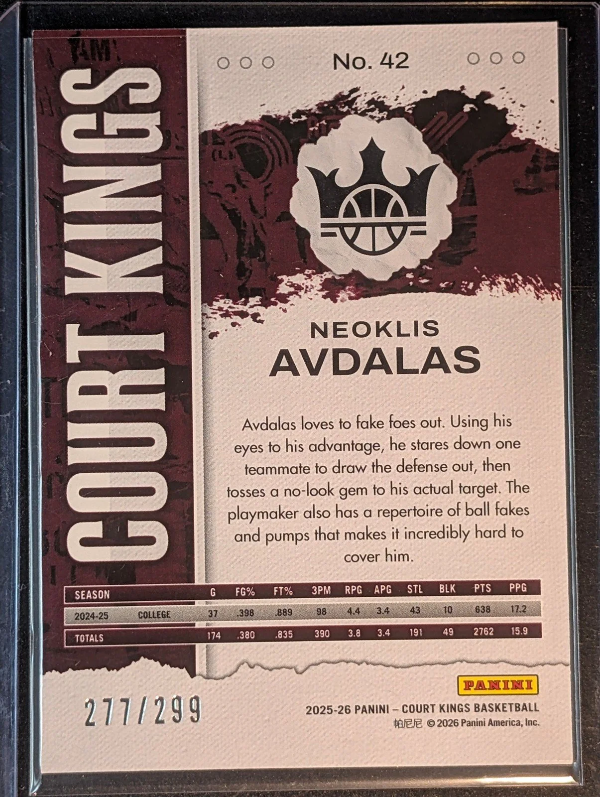 Back of 2025-26 Panini Court Kings /299 #46 Neoklis Avdalas