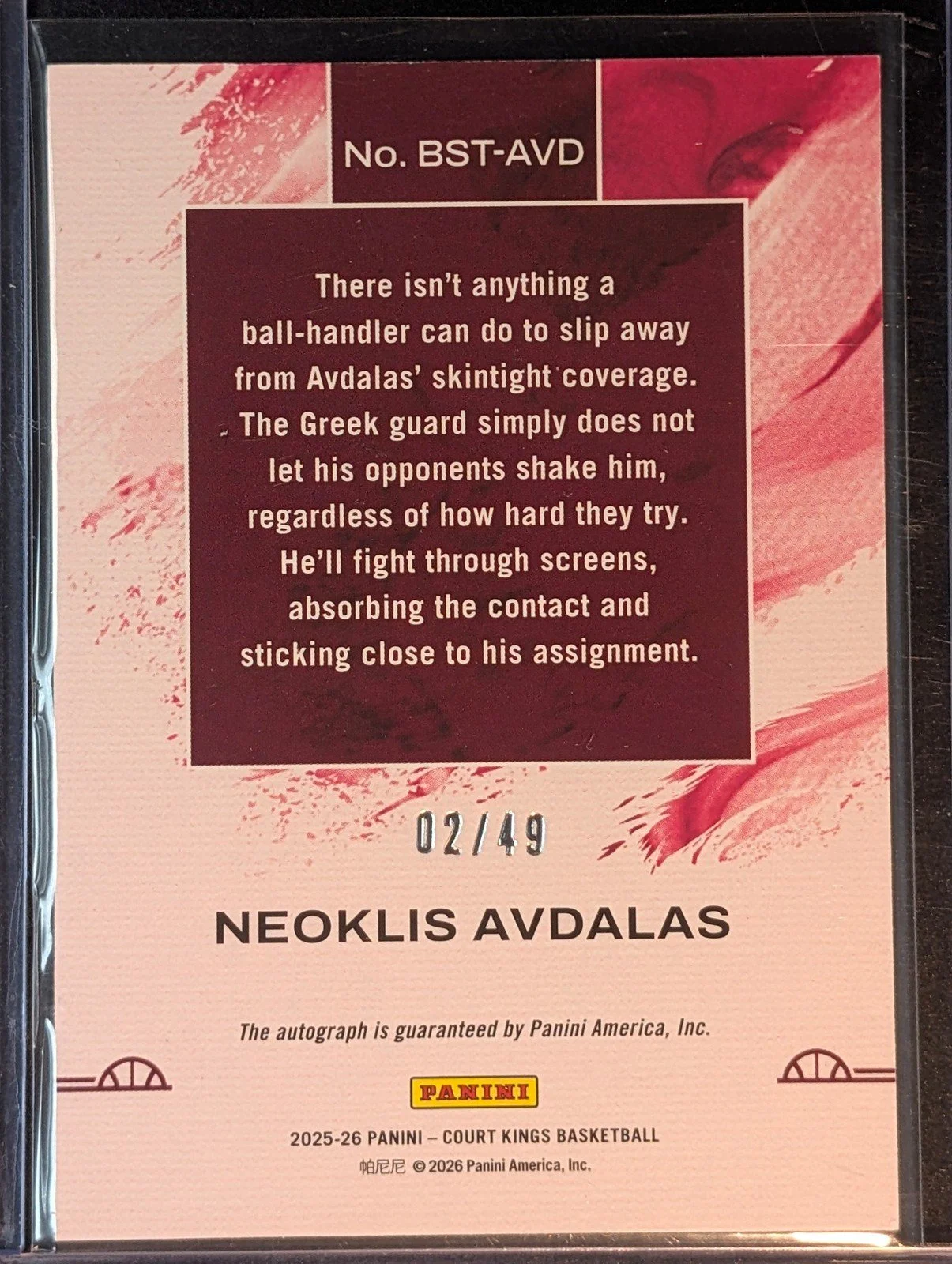 Back of 2025-26 Panini Court Kings /49 #BS-AVD Neoklis Avdalas Auto