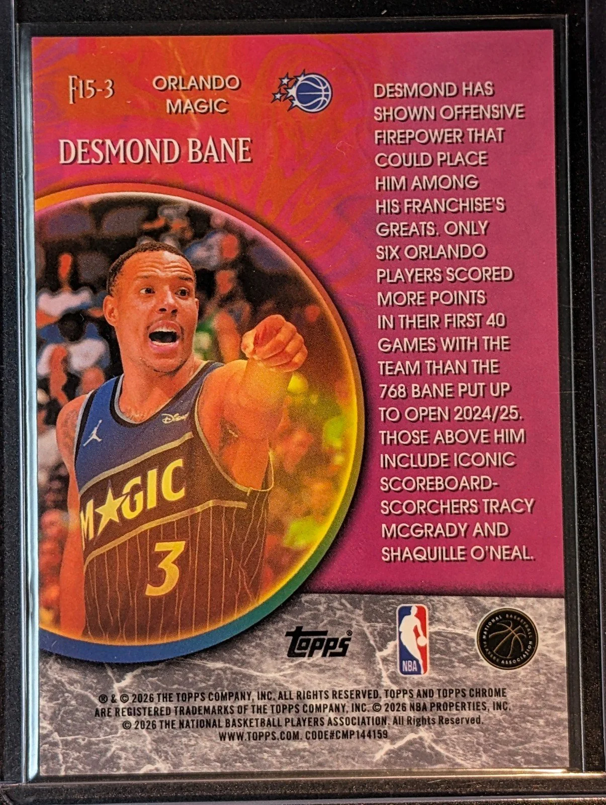 Back of 2025-26 Topps Chrome Update /25 Desmond Bane Orange Geometric Refractor #F15-3