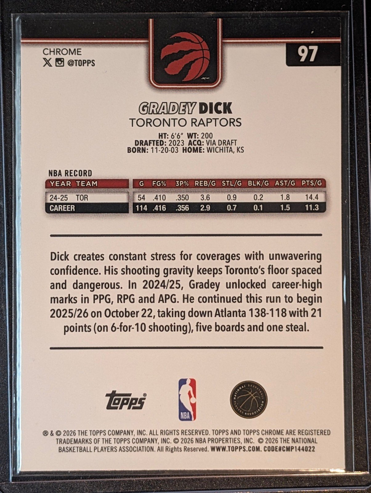 Back of 2025-26 Topps Chrome Update #97 Gradey Dick Prism Refractor