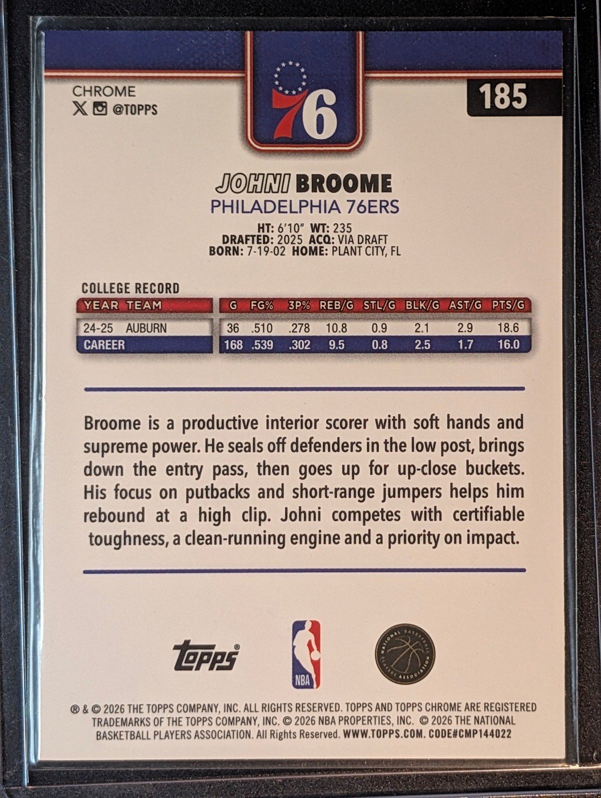 Back of 2025-26 Topps Chrome Update #185 Johni Broome Wave Refractor