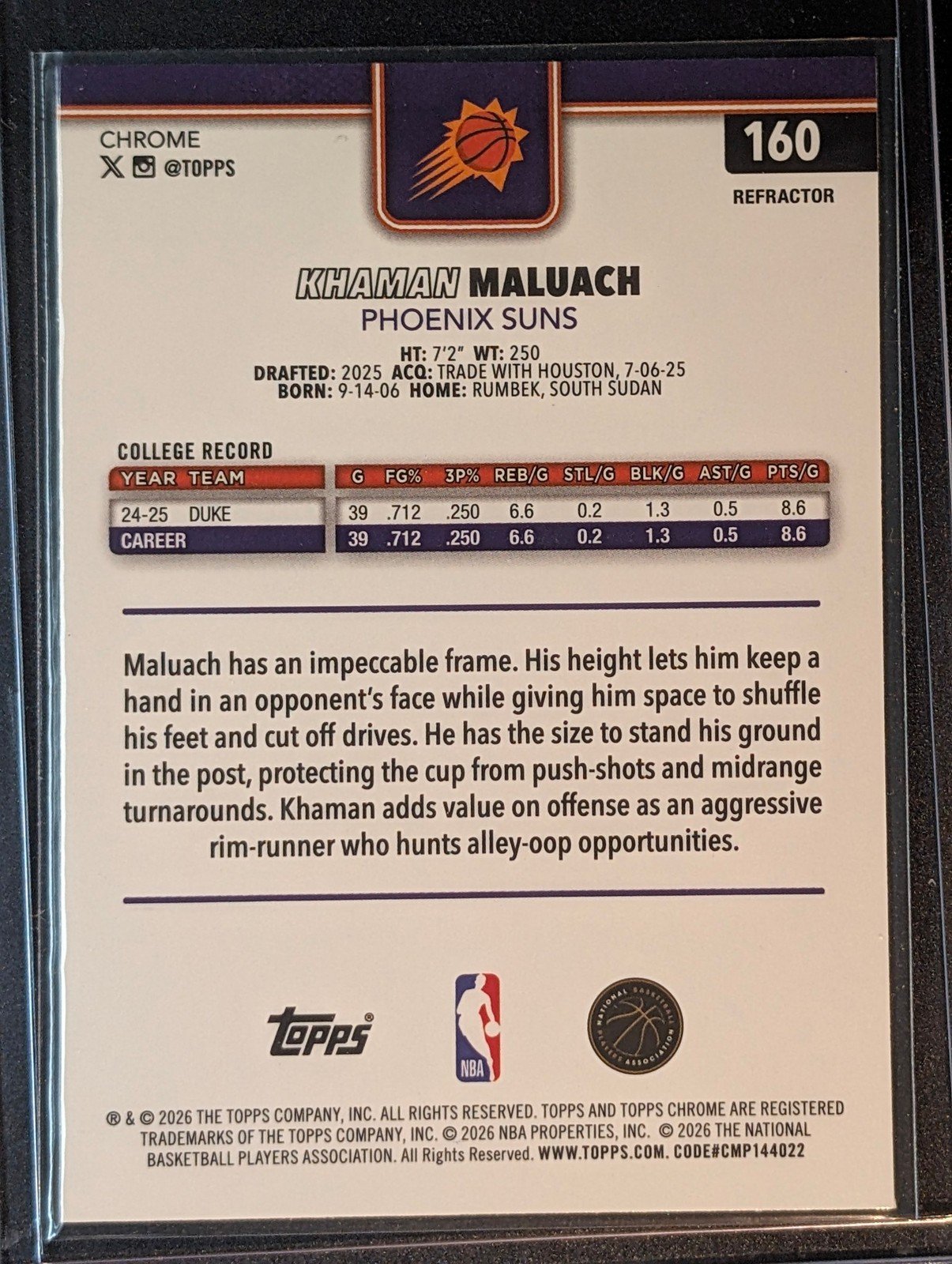 Back of 2025-26 Topps Chrome Update #160 Khaman Maluach Refractor RC