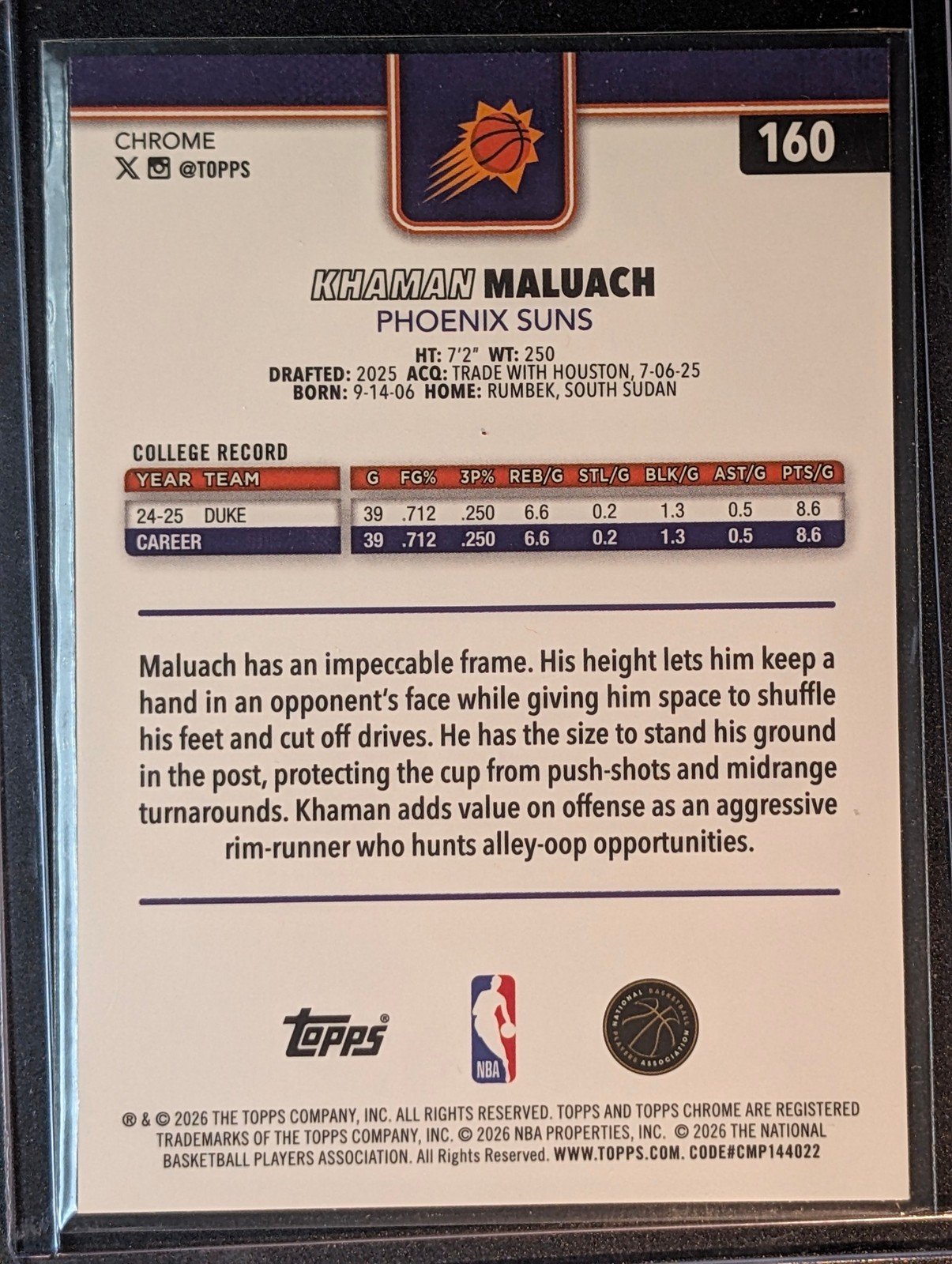 Back of 2025-26 Topps Chrome Update #160 Khaman Maluach Prism Refractor