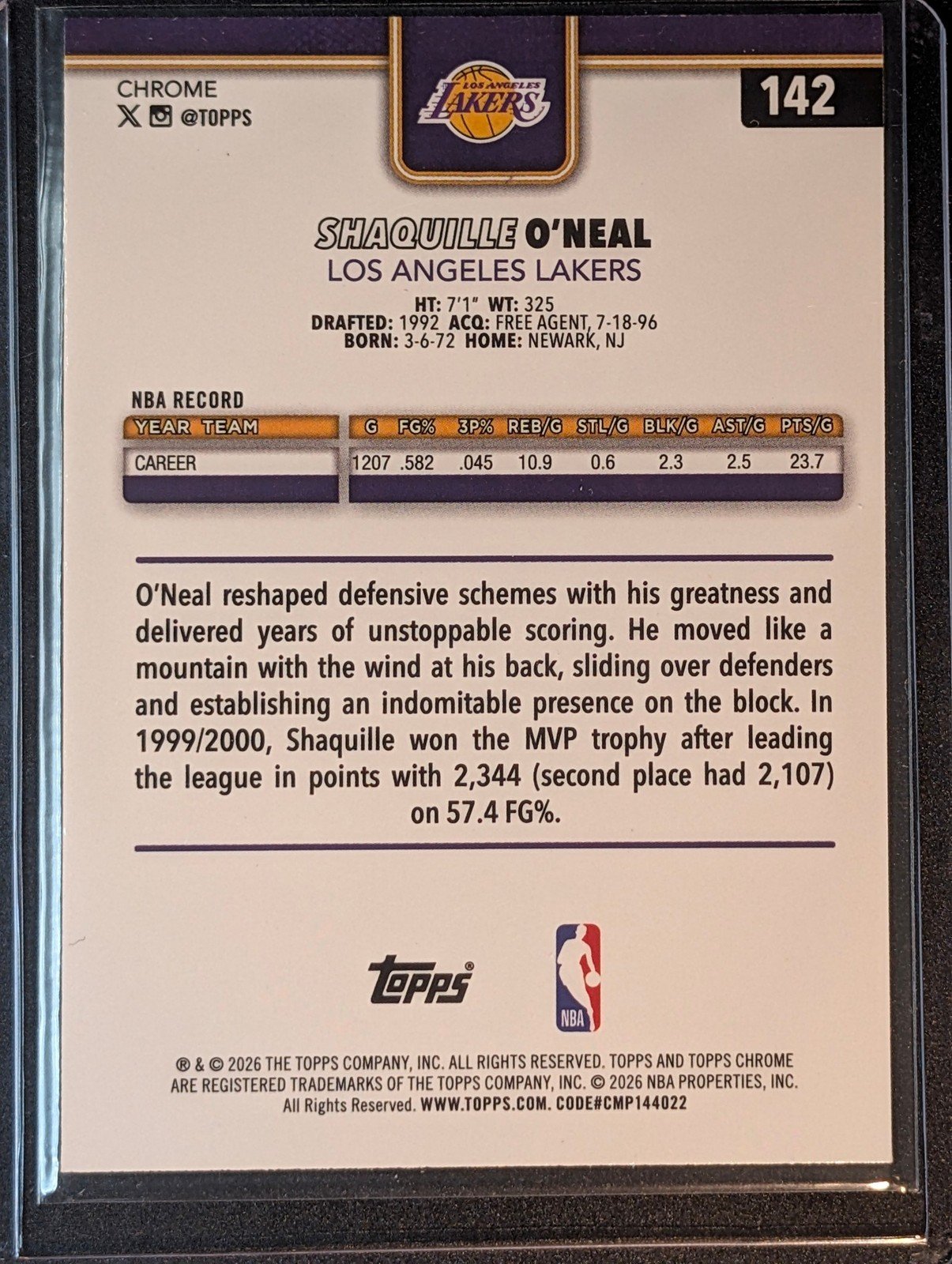 Back of 2025-26 Topps Chrome Update #142 Shaquille O’Neal Prism Refractor