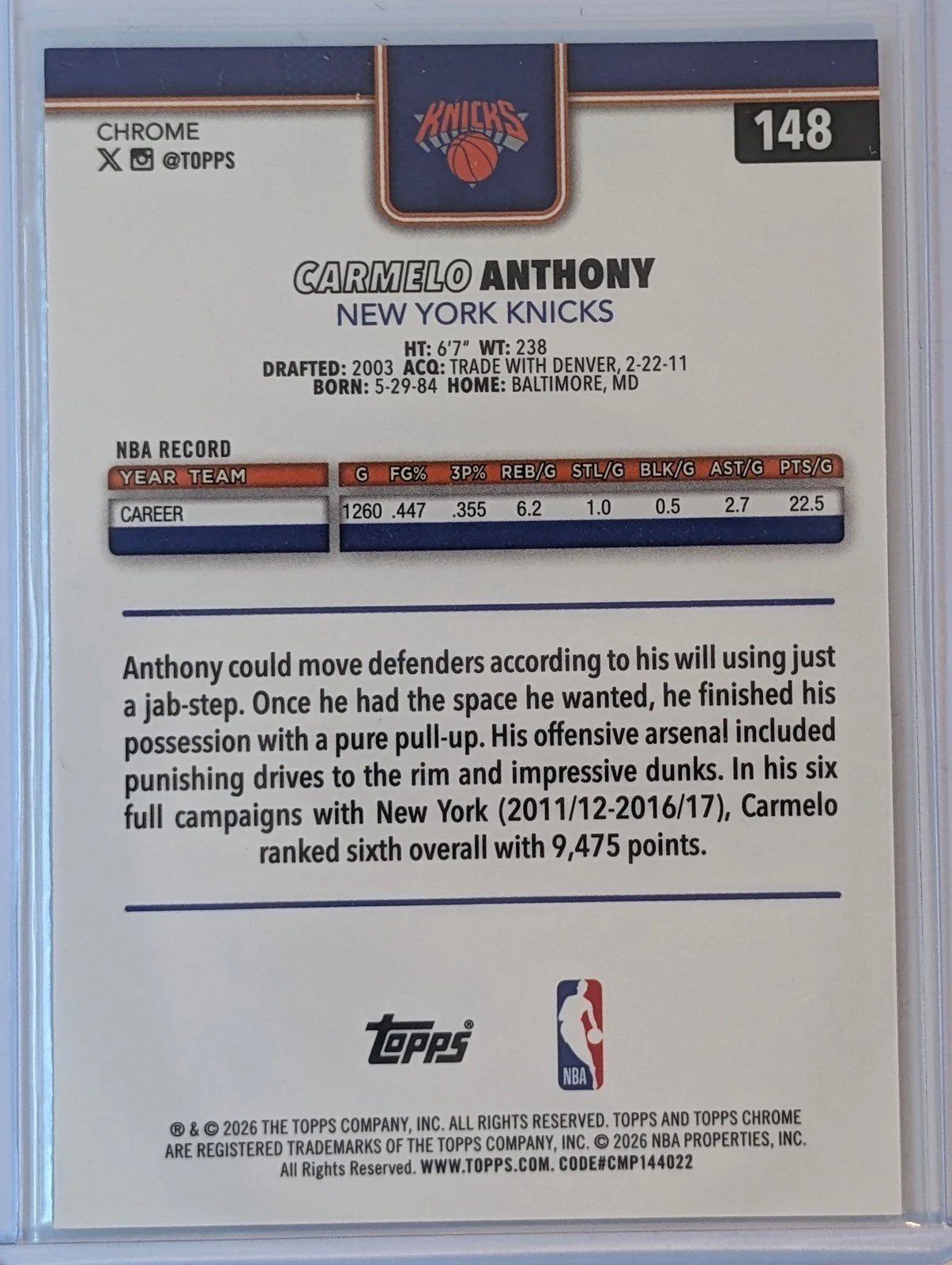 Back of 2025-26 Topps Chrome Update #148 Carmelo Anthony