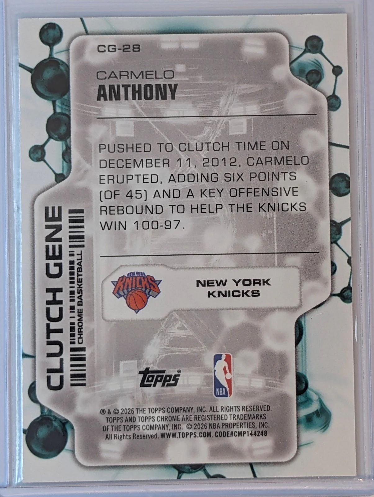 Back of 2025-26 Topps Chrome Update #CG-28 Carmelo Anthony Clutch Gene