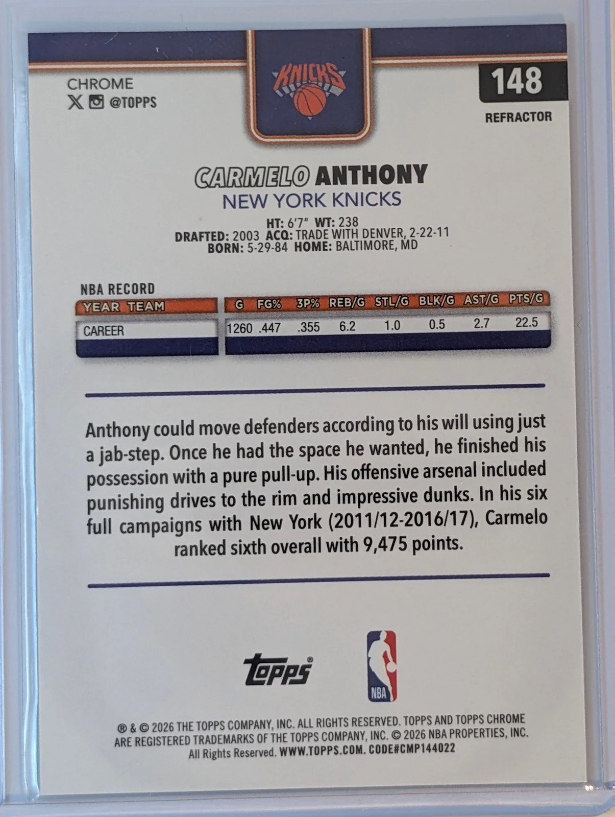 Back of 2025-26 Topps Chrome Update #148 Carmelo Anthony Refractor