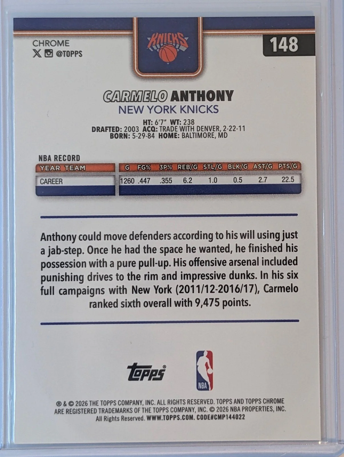 Back of 2025-26 Topps Chrome Update #148 Carmelo Anthony Prism Refractor