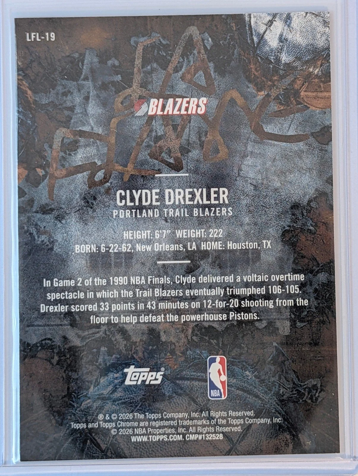 Back of 2025-26 Topps Chrome Cactus Jack #LFL-19 Clyde Drexler La Flame Legends