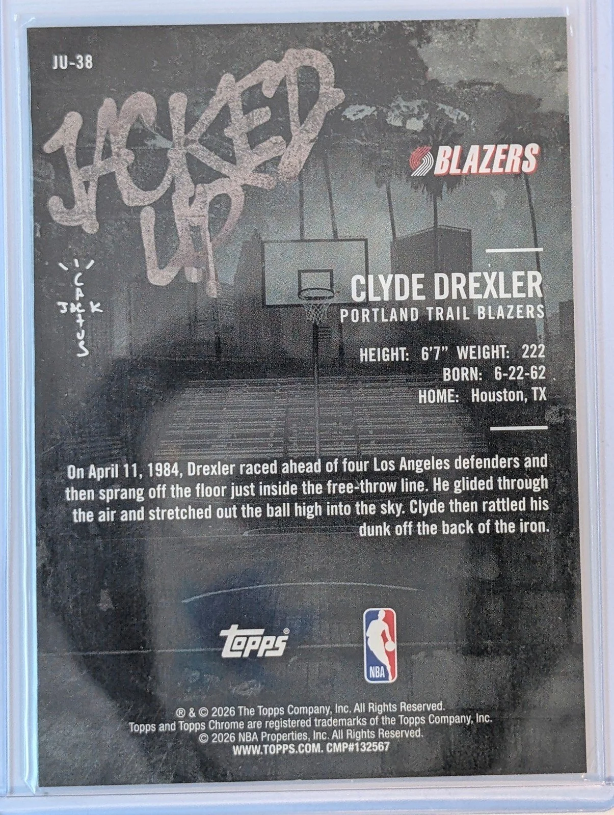 Back of 2025-26 Topps Chrome Cactus Jack #JU-38 Clyde Drexler Jacked Up