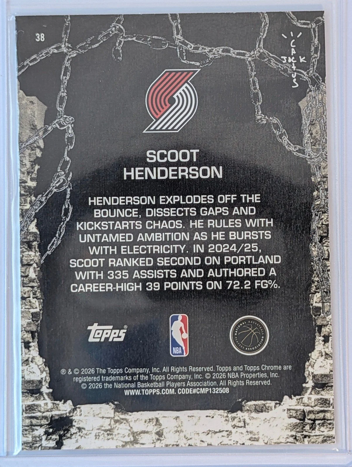 Back of 2025-26 Topps Chrome Cactus Jack #38 Scoot Henderson White Refractor